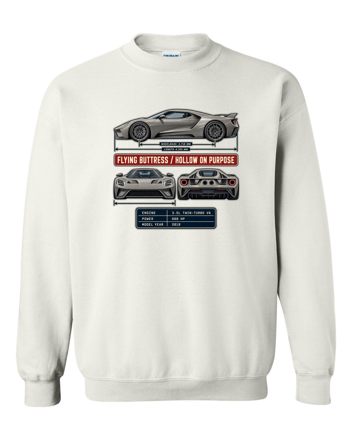 print of a 2019 Ford GT three-view drawing with spec table and flying buttress text white crewneck front view with the design
