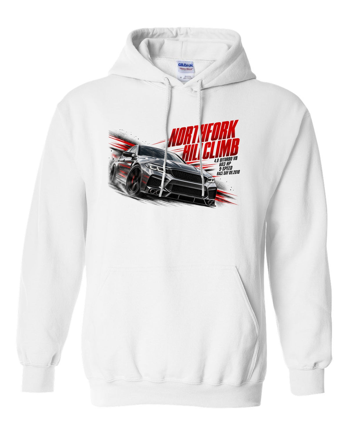 print race poster of a Mercedes W213 E63 S sedan for a hillclimb with text 4.0 Biturbo race day 09.2018 white pull over hoodie front view with the design