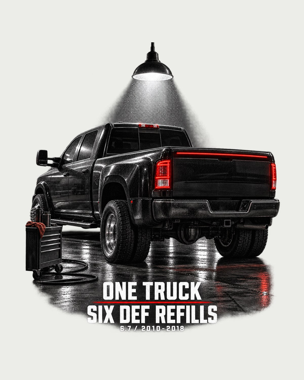 Ram 3500 4th Gen Dually Garage Night Tee, Six DEF Refills design only