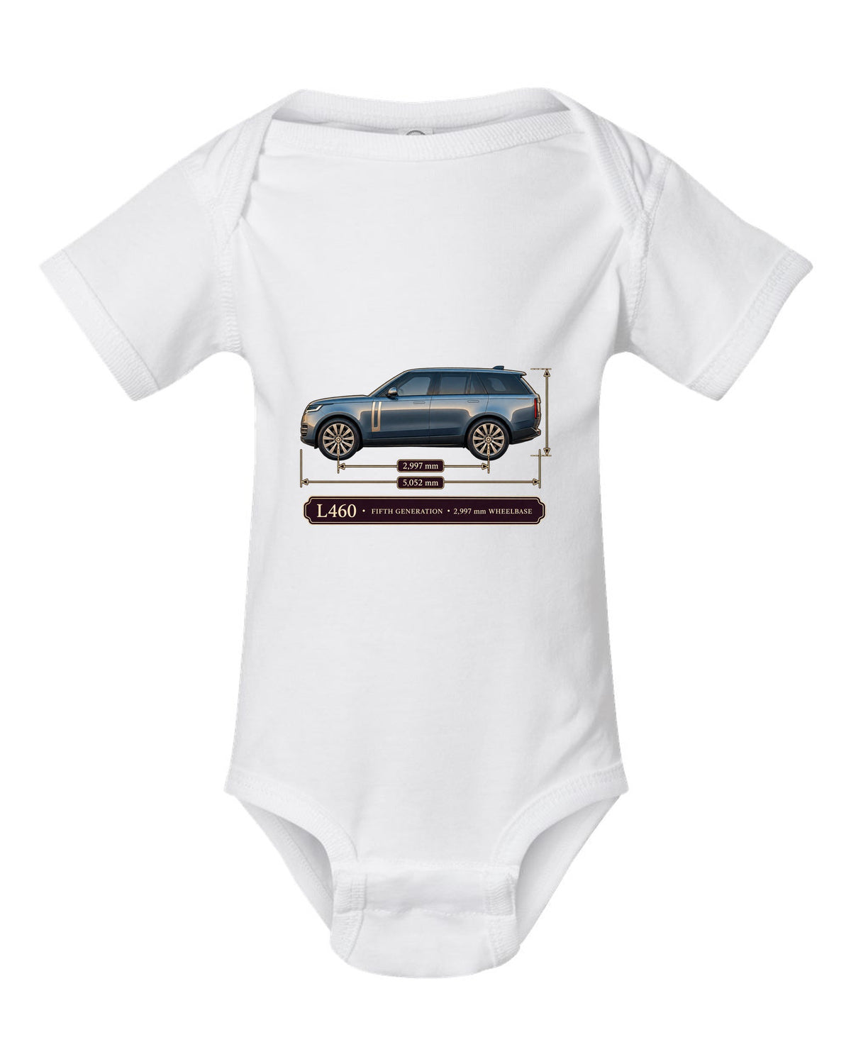 Dimension blueprint print of the Range Rover L460 fifth generation with wheelbase white baby onesie front view with the design