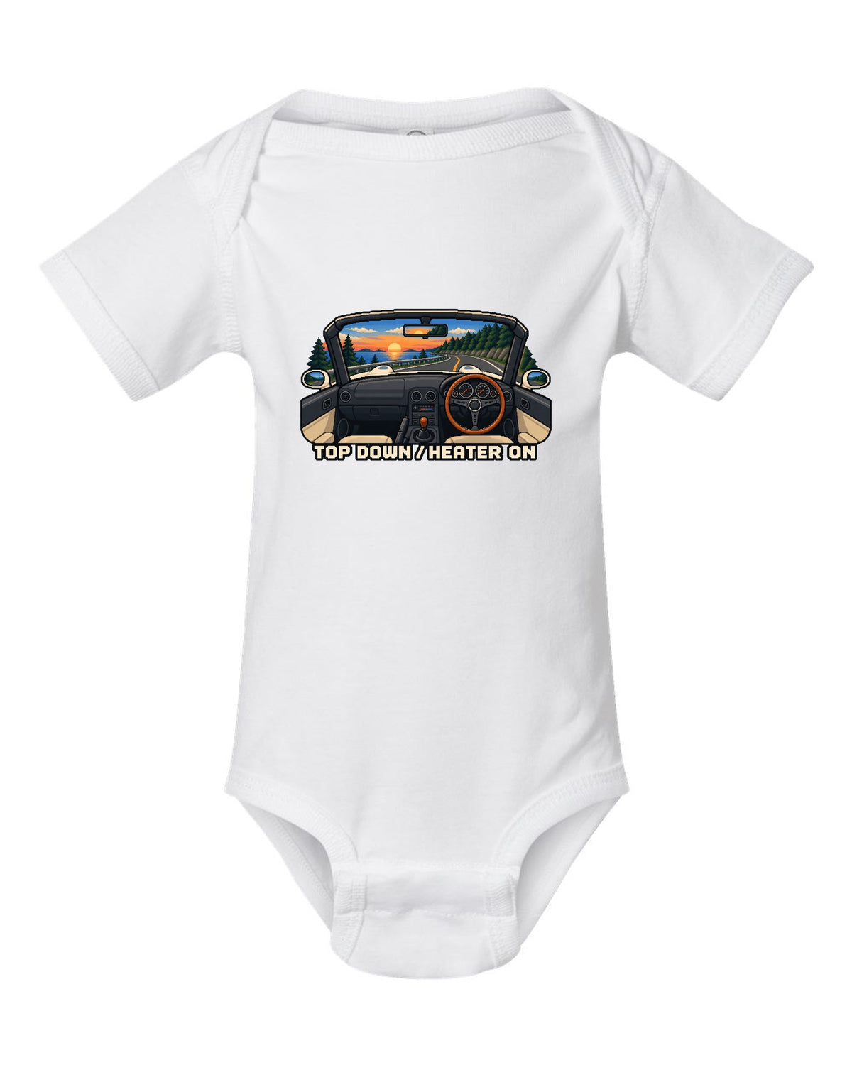 Cel-shaded 90s anime night scene of a Mazda RX-7 FD3S under sodium lights white baby onesie front view with the design