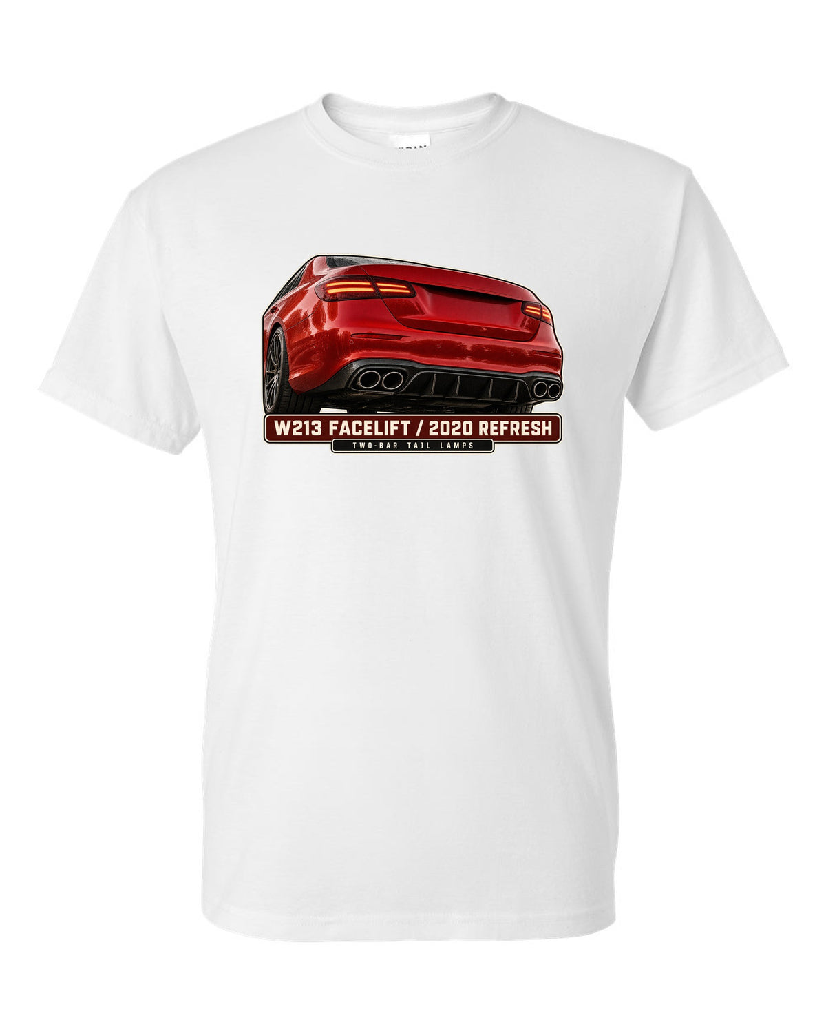 Tail lamp macro print of a red-orange Mercedes-AMG E63 S W213 facelift white t-shirt front view with the design