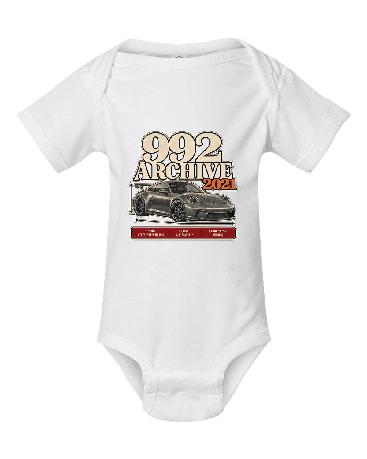 Porsche 992 GT3 archive panel print design white baby onesie front view with the design