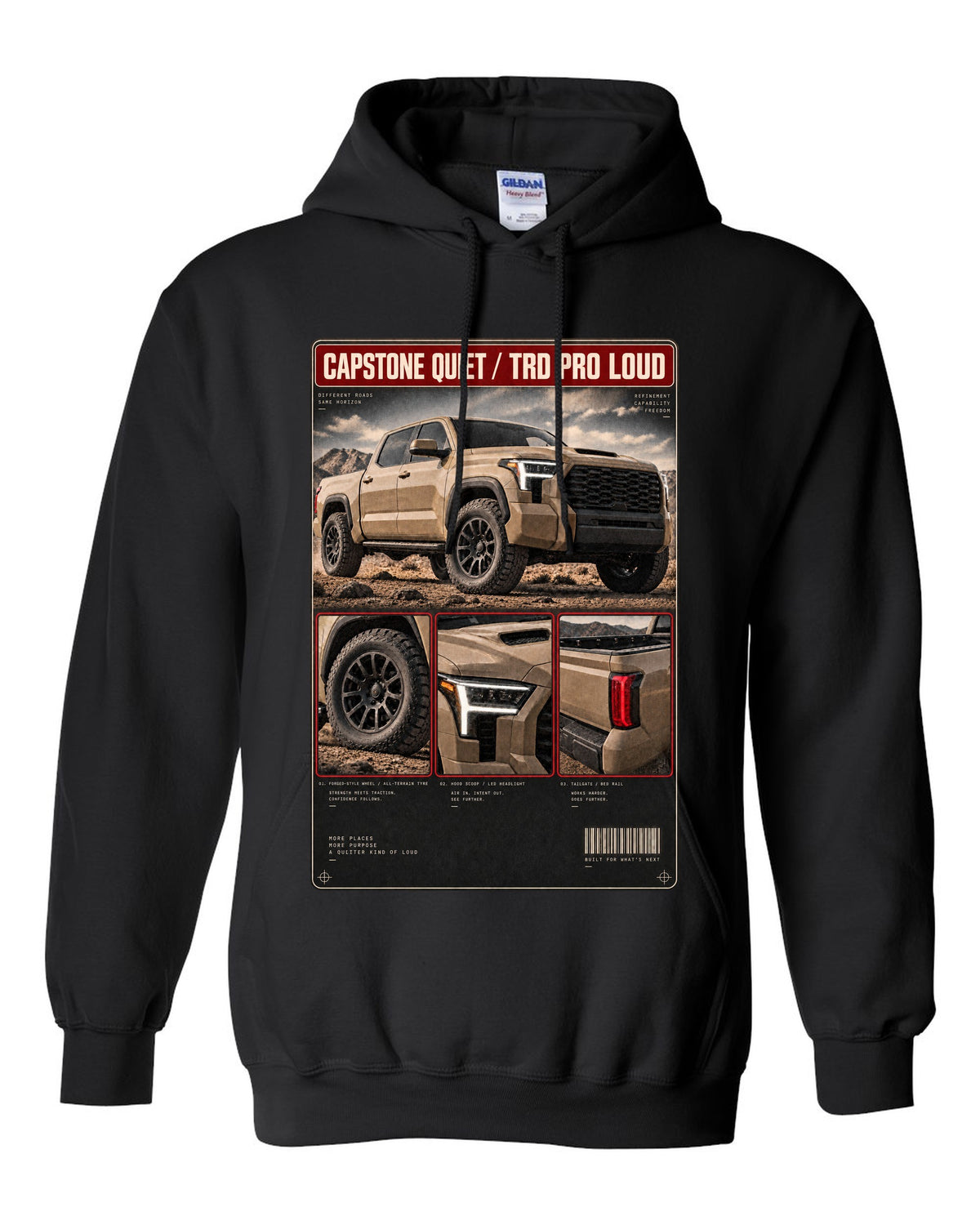 Toyota Tundra TRD Pro CrewMax dossier panel design black pull over hoodie front view with the design