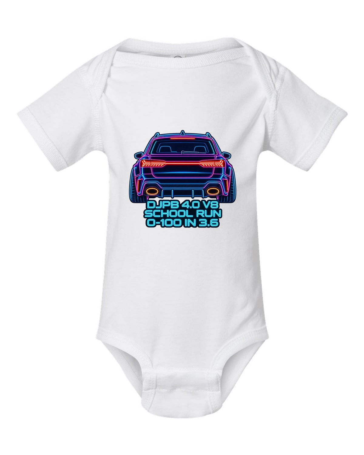Neon sign line art design of the Audi RS6 Avant C8 with school run and 0-100 in 3.6 lettering white baby onesie front view with the design