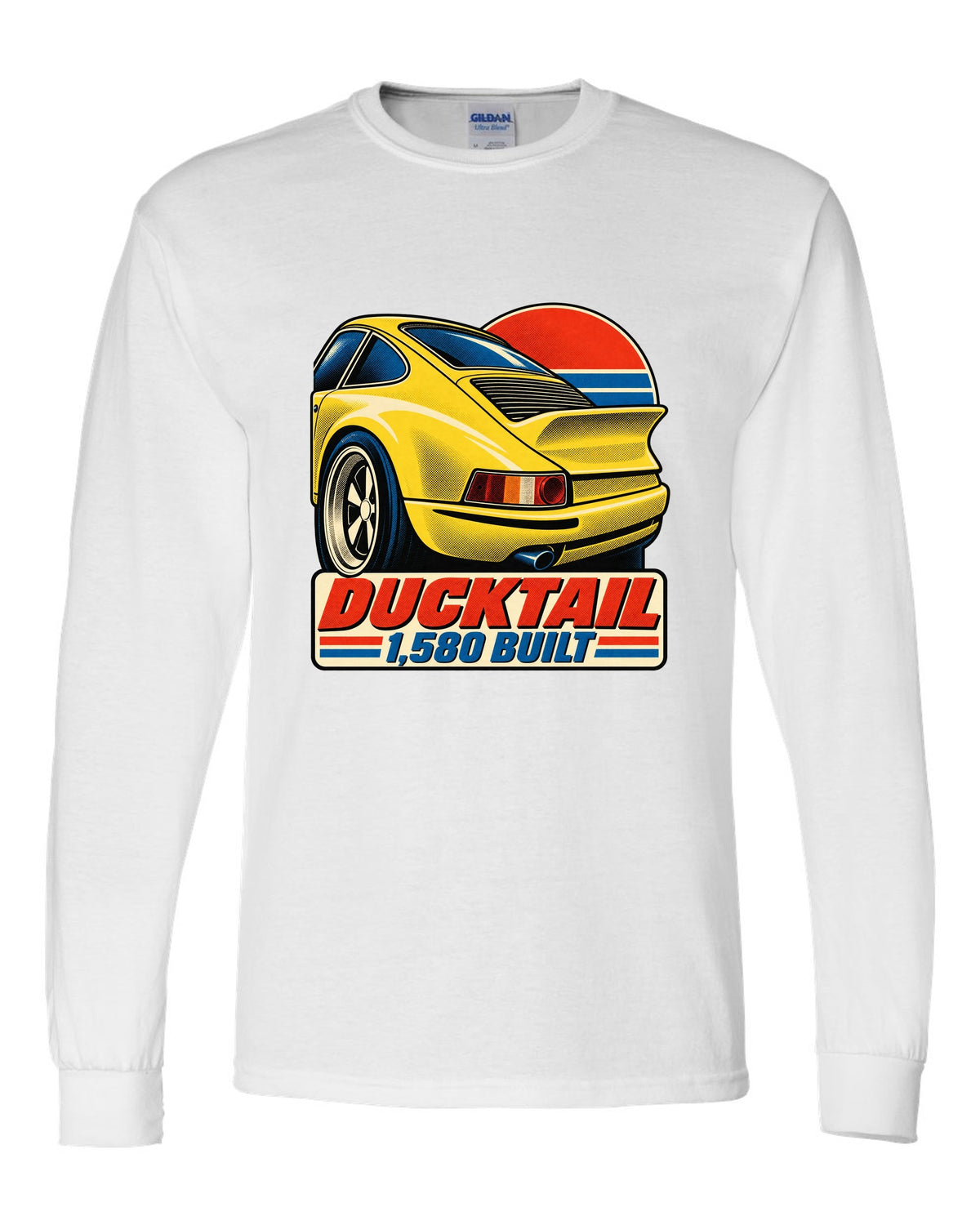 Vintage lithograph poster of the Porsche 911 Carrera RS 2.7 ducktail white long sleeve front view with the design