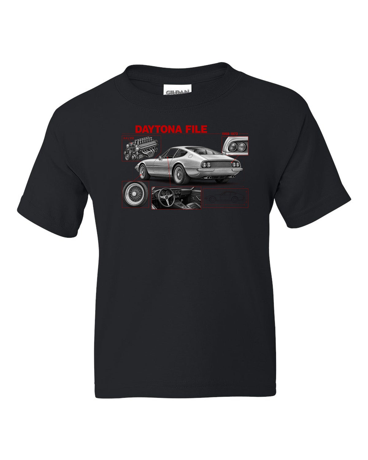 Engine hero print of a Ferrari 365 GTB/4 Daytona V12 with six twin-choke Weber carburettors black kids tee front view with the design