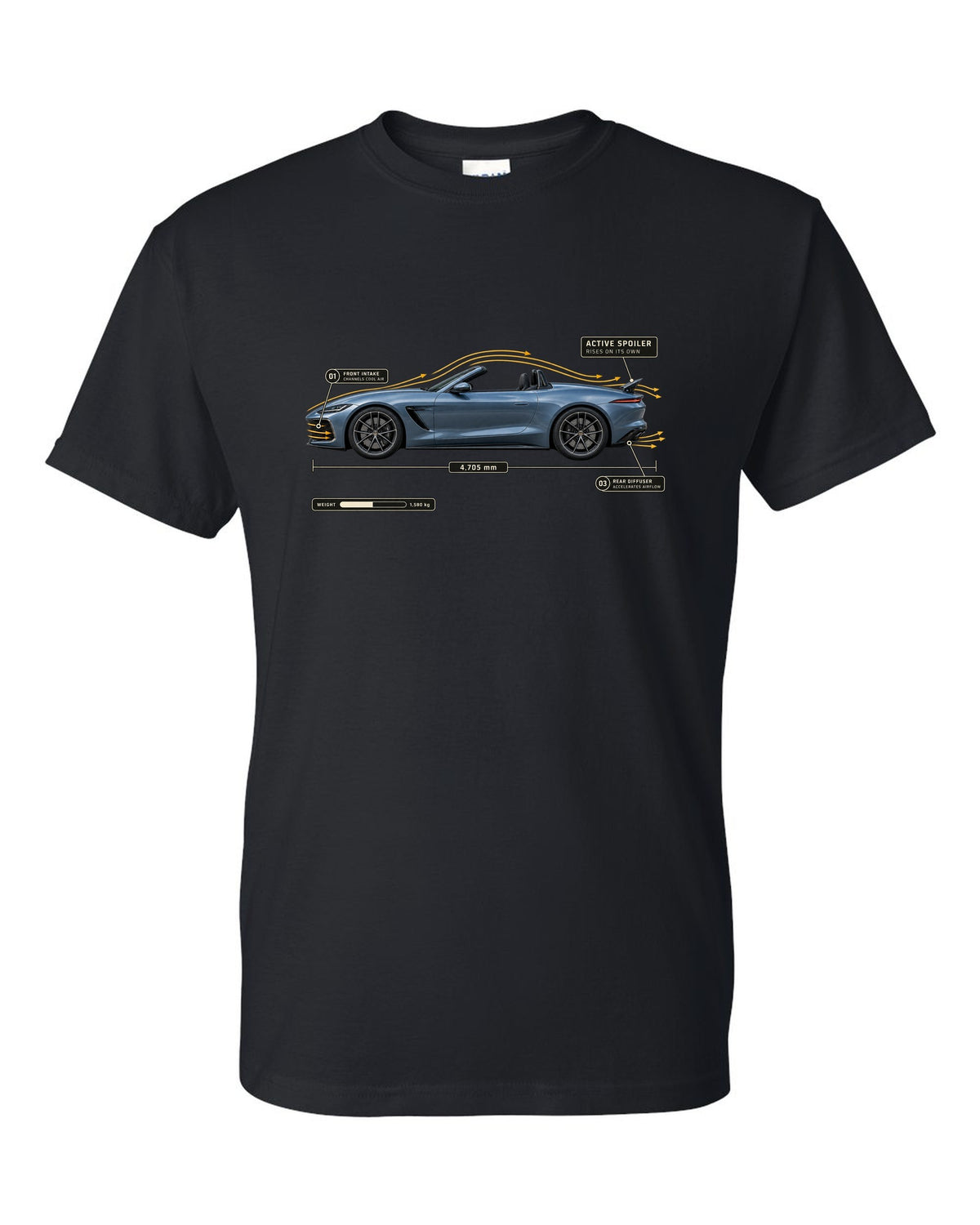 SL63 R232 Active Spoiler Aero Callout black t-shirt front view with the design