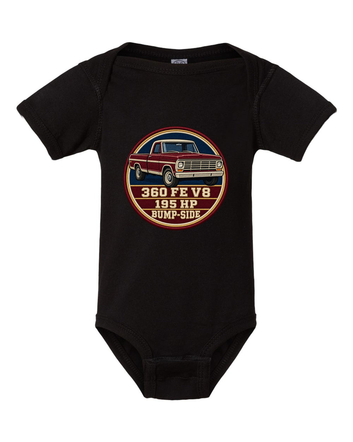 Bump-Side Ford F-Series 1967-72 Crest print Tee black baby onesie front view with the design