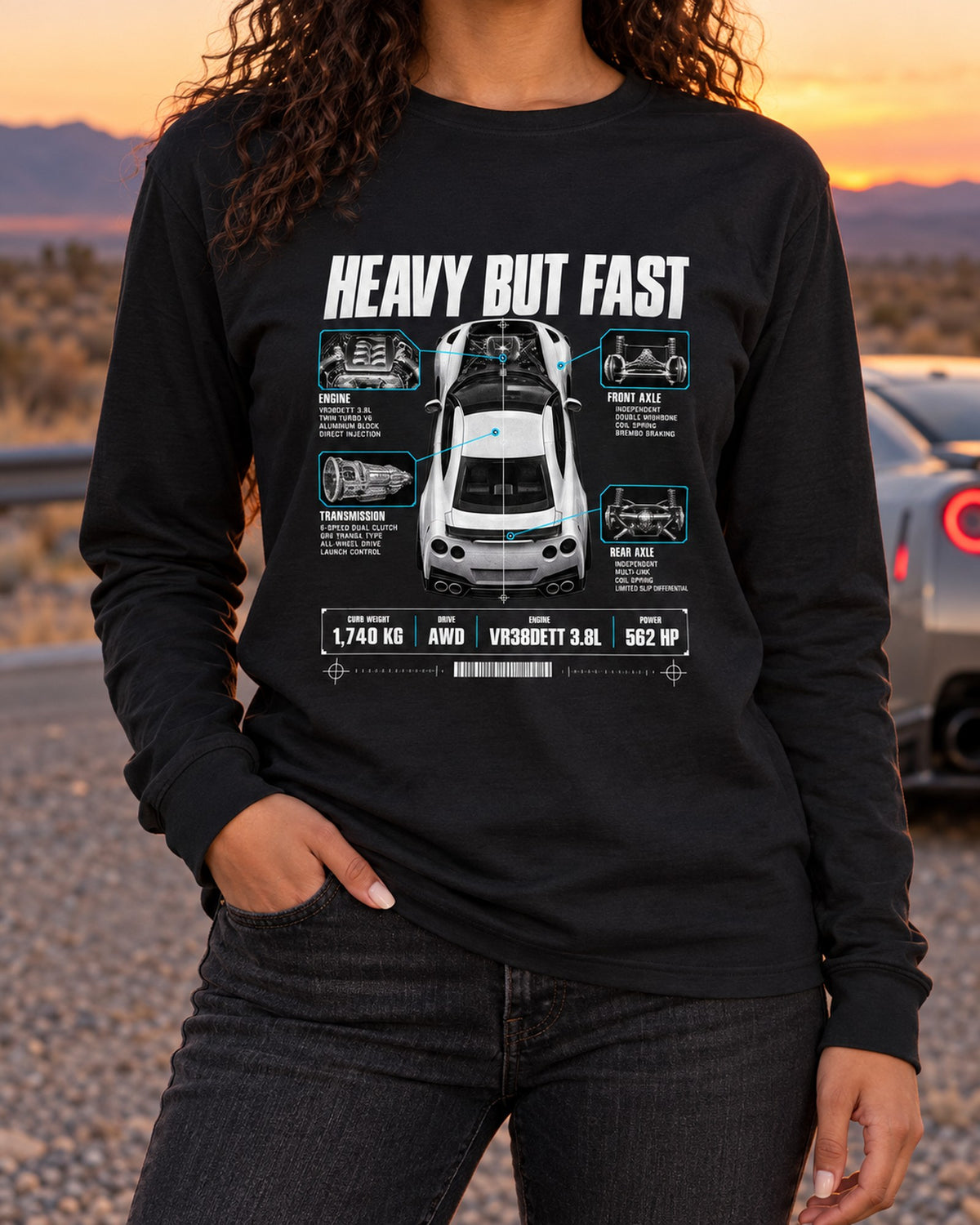 Nissan GT-R R35 Heavy But Fast Spec Poster Tee, VR38DETT Long Sleeve Black worn hero