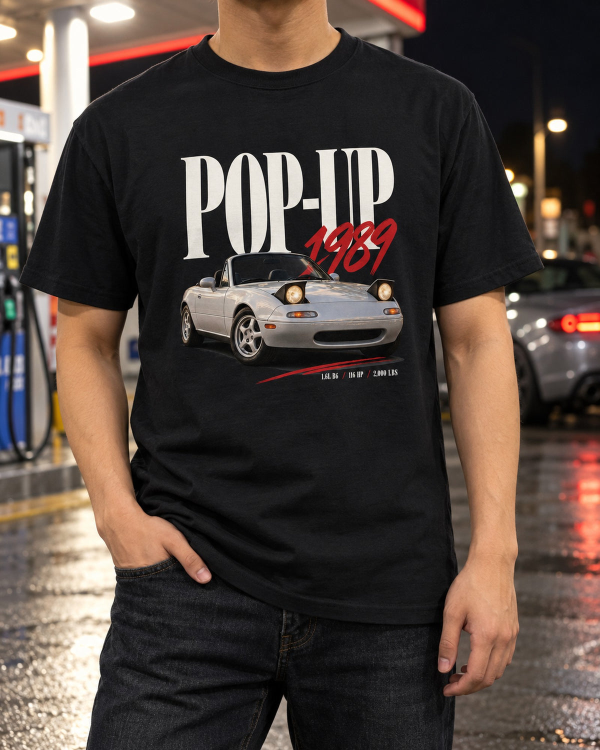 Mazda MX-5 NA Pop-Up Editorial Shirt, 1989 to 1997 Miata T-Shirt Black worn hero