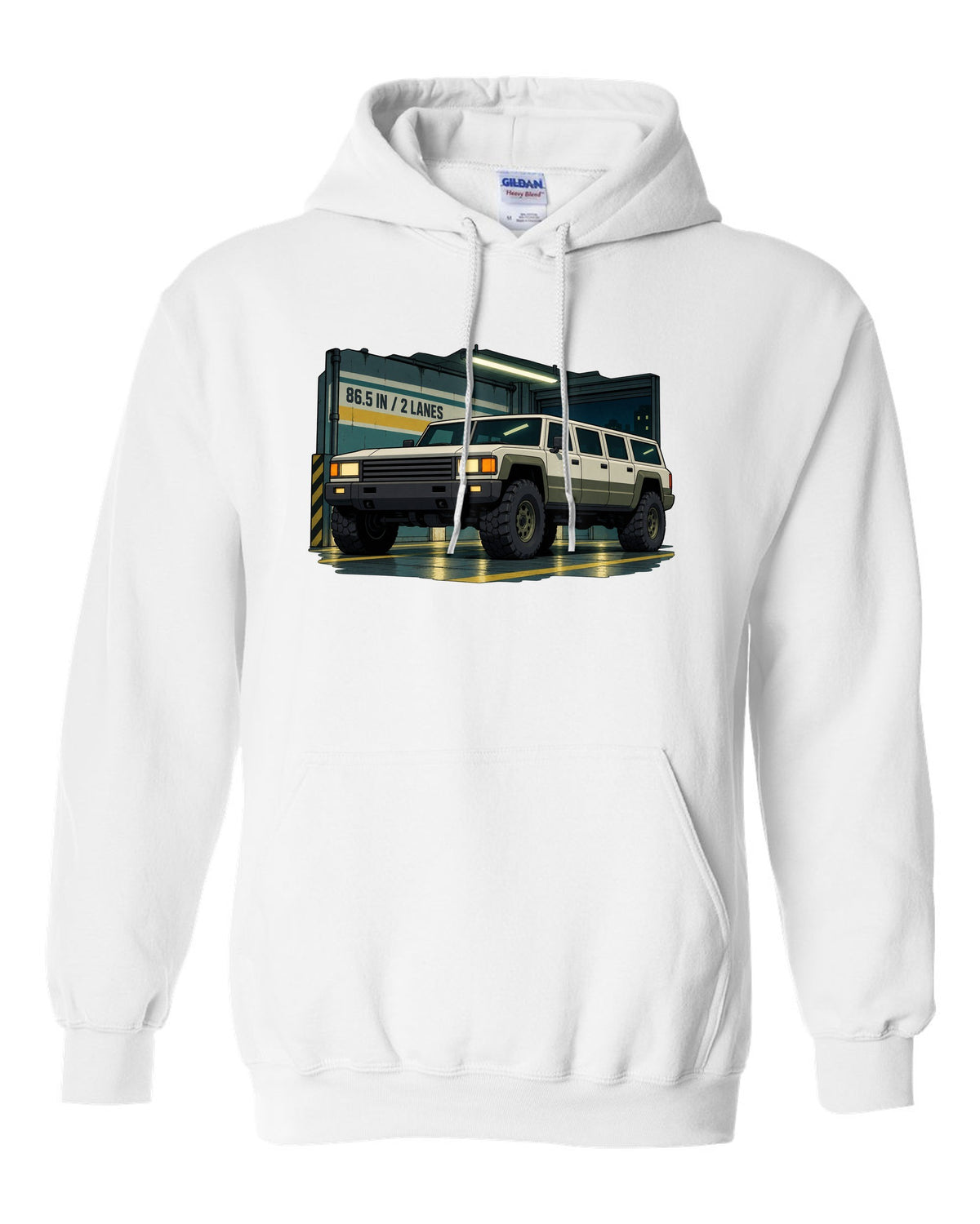 Cel-shaded 90s anime style Hummer H1 in a garage with 86.5 IN and 2 LANES text white pull over hoodie front view with the design