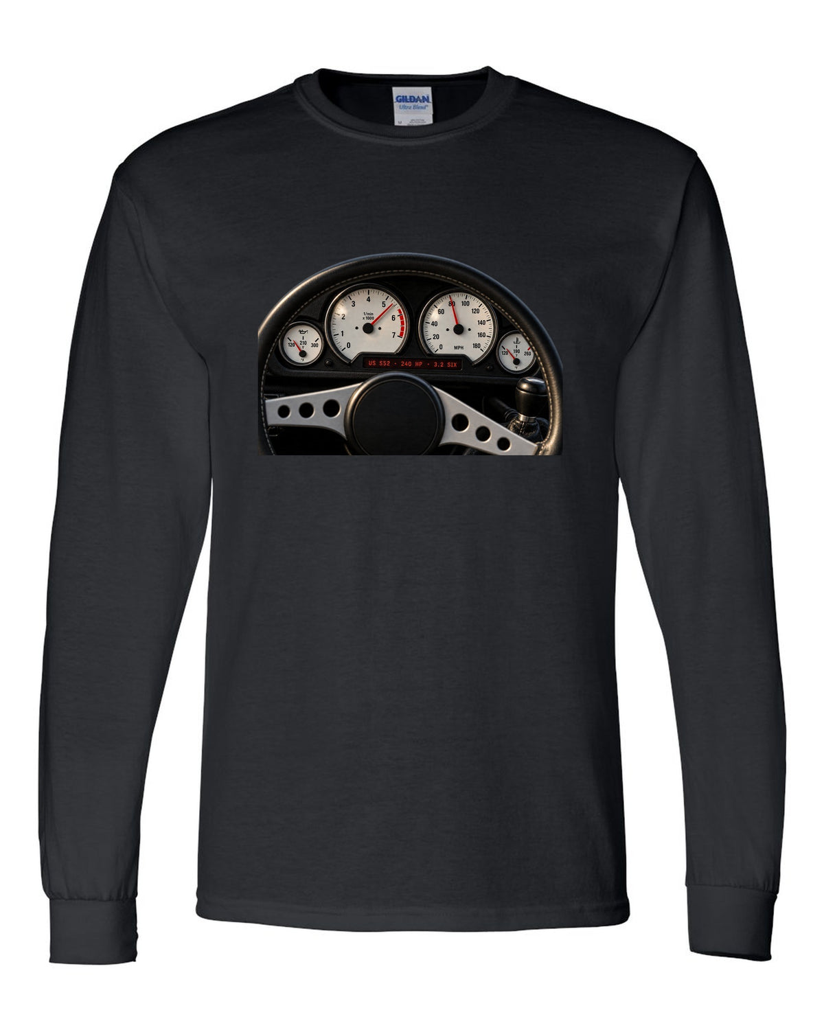 BMW E36 M3 coupe US S52 cockpit gauge print with 240 HP and 3.2 six text black long sleeve front view with the design