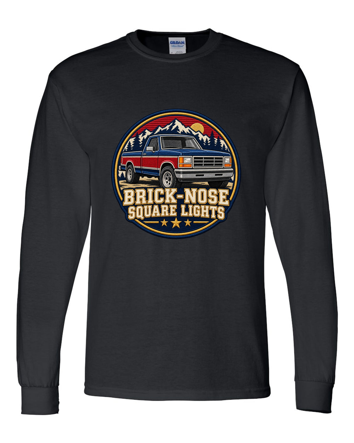 Shield crest print for a 1987-91 Ford F-150 Brick-Nose with square lights text black long sleeve front view with the design