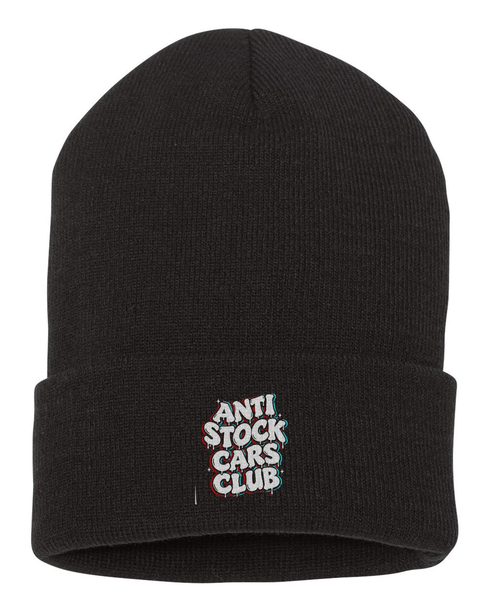 Anti Stock Cars Club Graffiti Shirt, Hoodie & More black beanie front view with car name