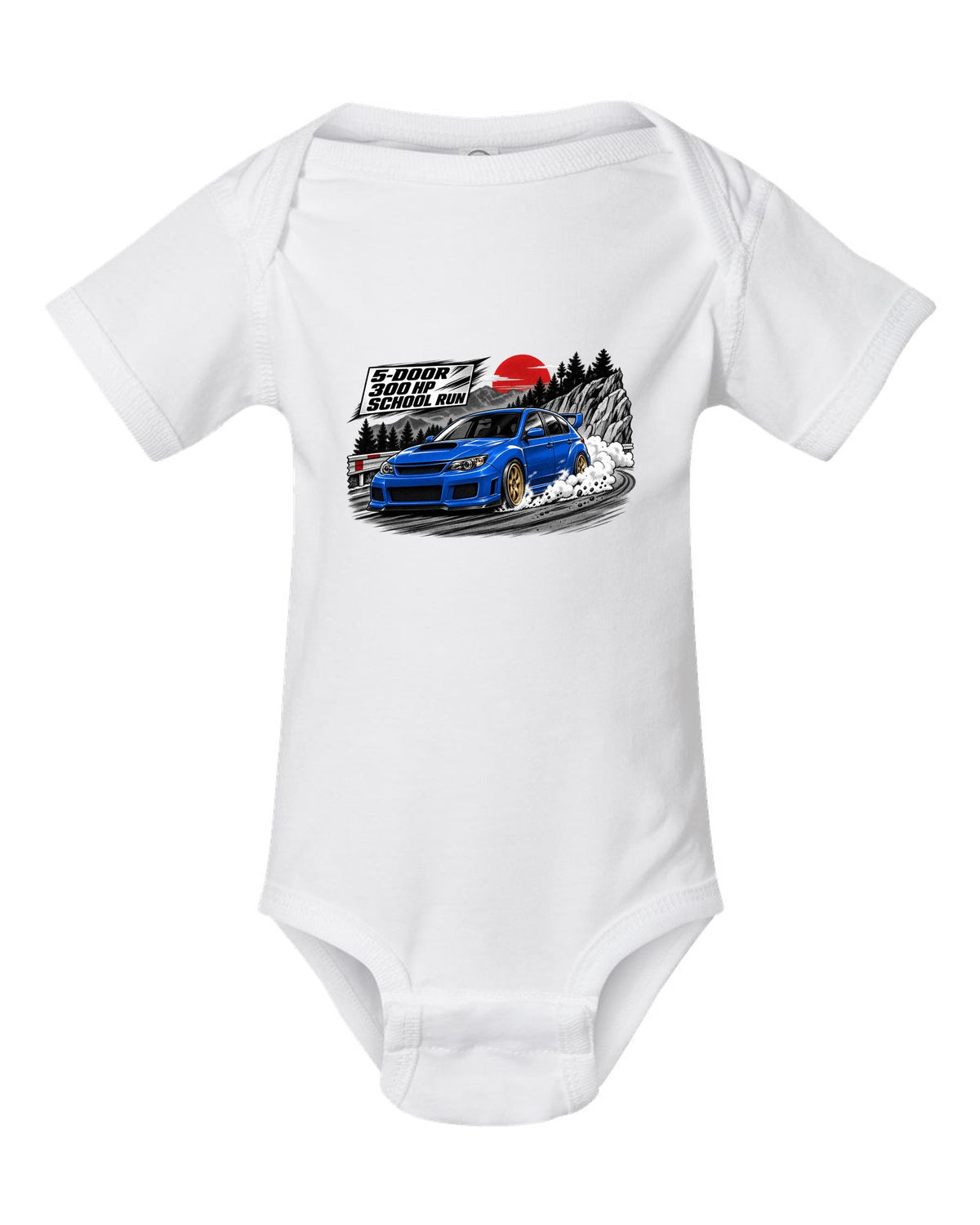 Subaru WRX STI GRB chback in a retro manga halftone panel, 5-DOOR / 300 HP / SCHOOL RUN white baby onesie front view with the design