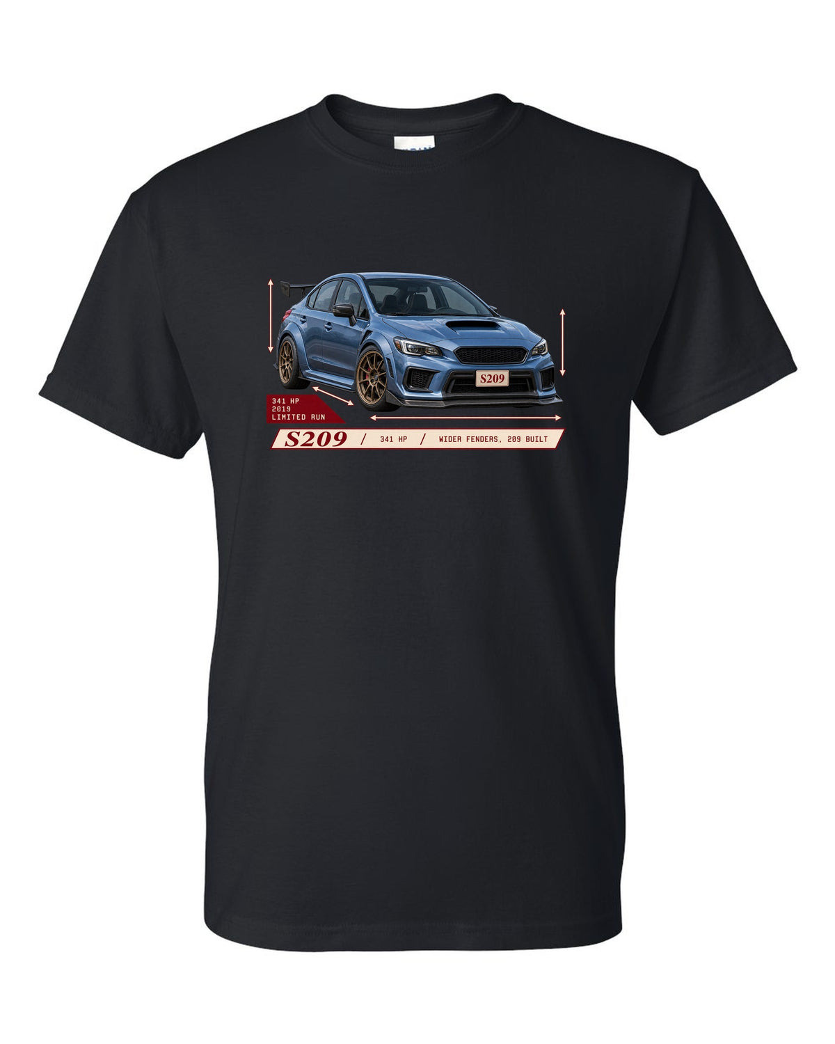 Subaru WRX STI S209 2019 widebody archive panel design black t-shirt front view with the design
