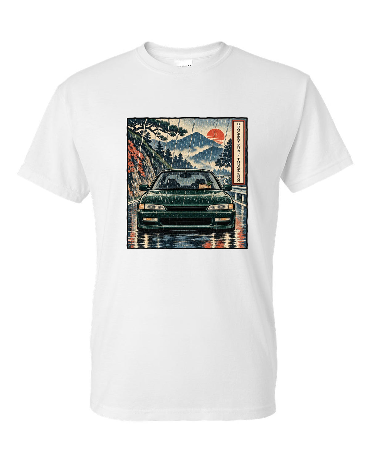 Ukiyo-e woodblock style print of a Honda Accord CD6 SiR with grocery run touge run text white t-shirt front view with the design