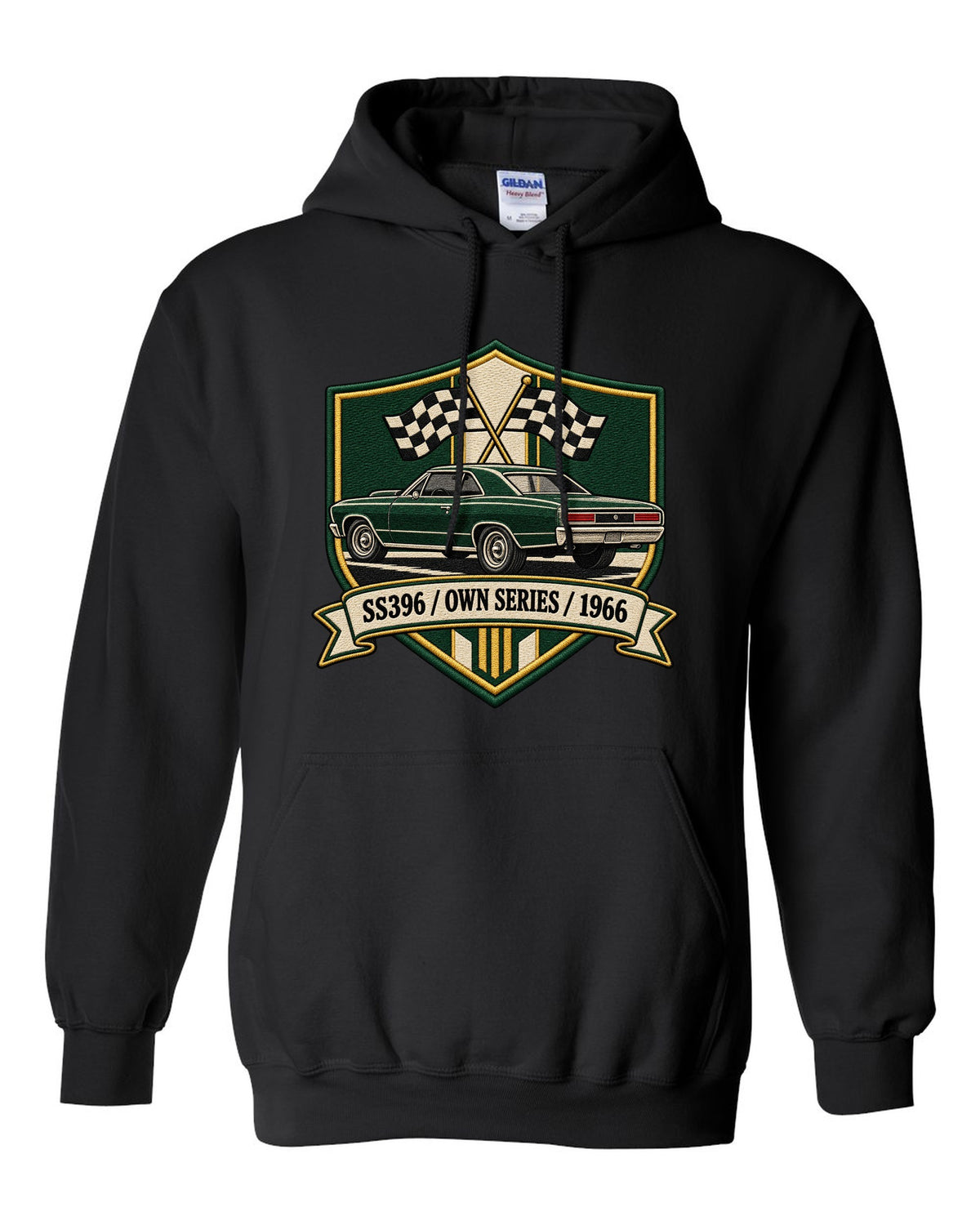 1966 Chevelle SS396 in an embroidery-style shield with text SS396 Own Series 1966 black pull over hoodie front view with the design