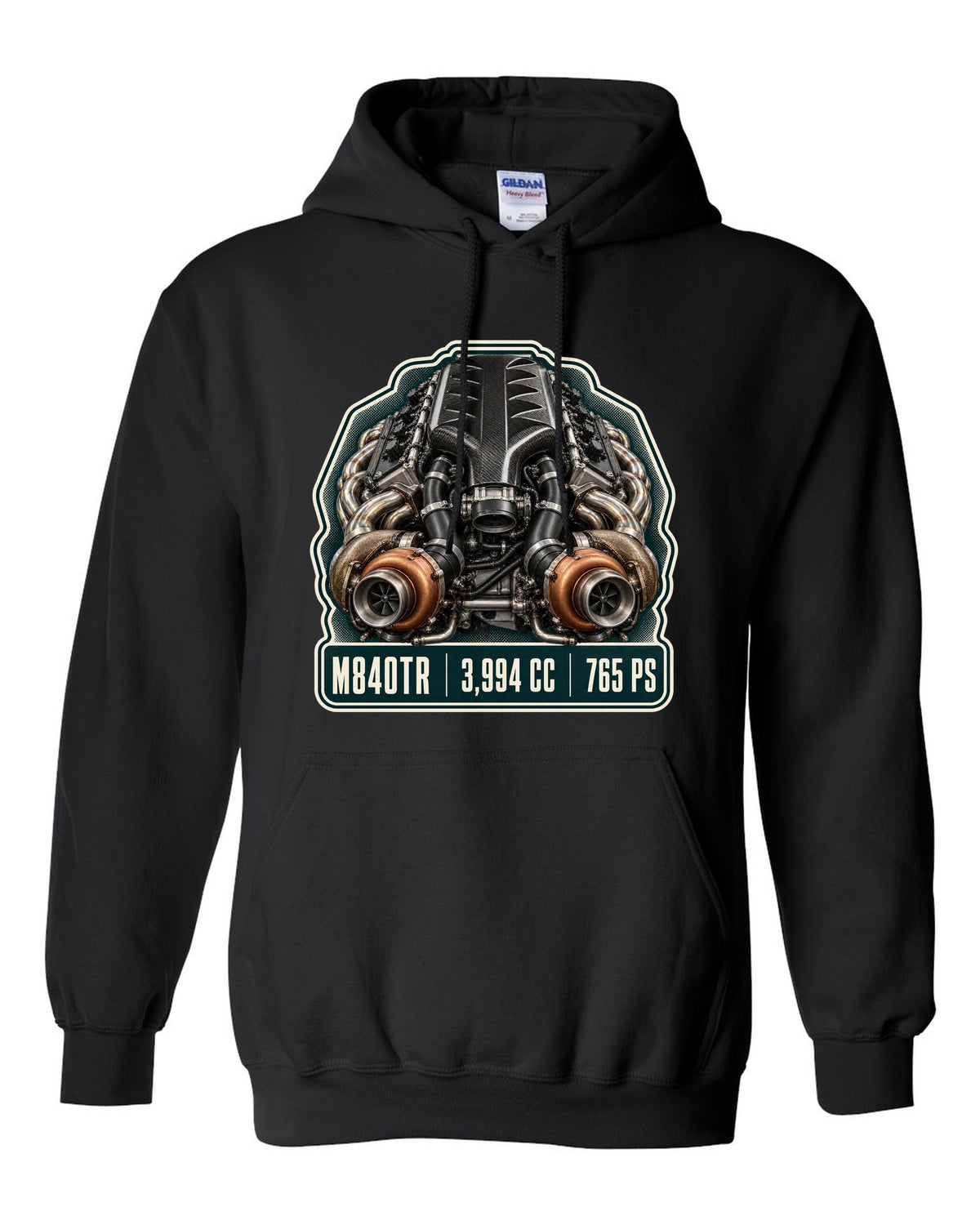 Engine hero print of the McLaren 765LT M840TR V8 black pull over hoodie front view with the design