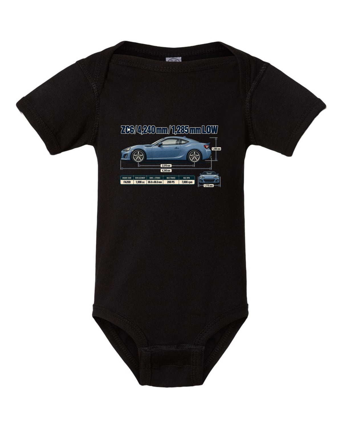 Blueprint-style dimension drawing of a Subaru BRZ ZC6 with length and height callouts black baby onesie front view with the design