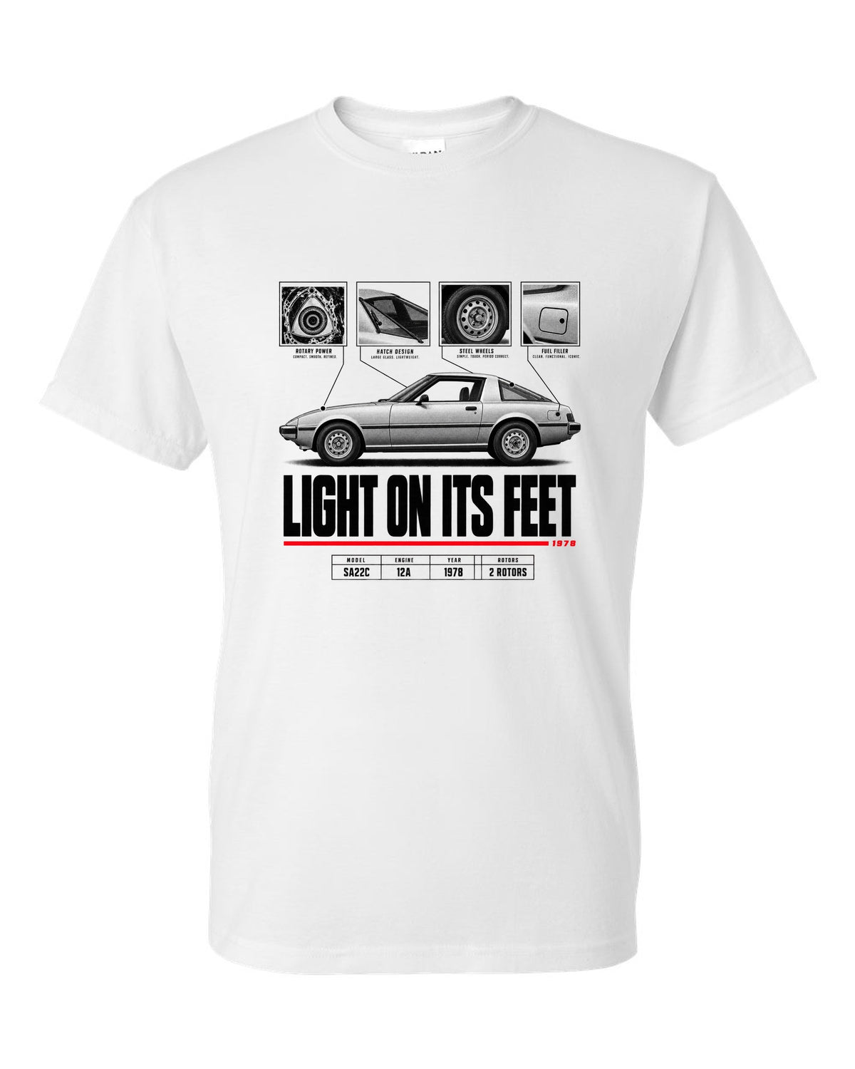 Spec poster print of a Mazda RX-7 SA22C Savanna with 12A lettering white t-shirt front view with the design