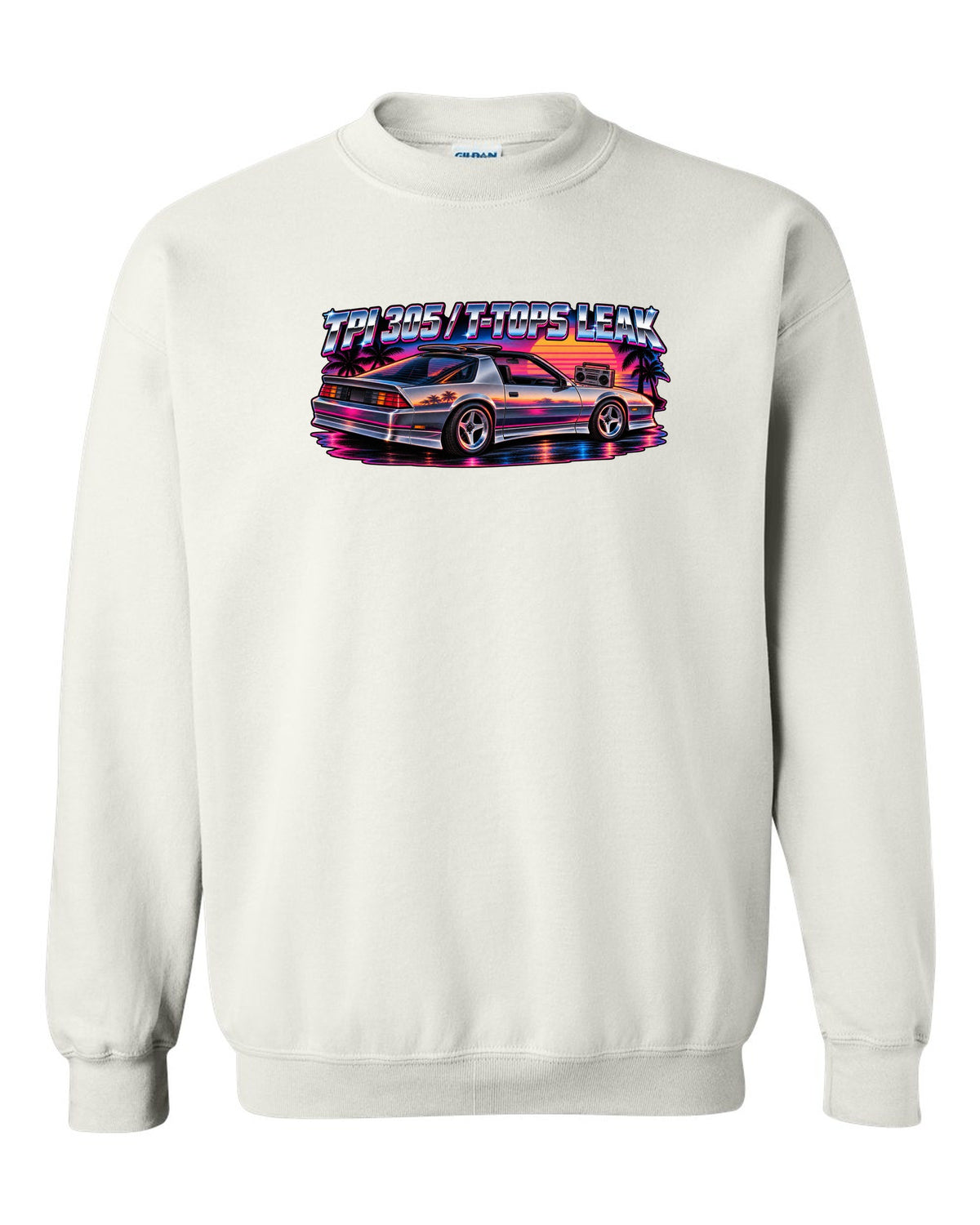 80s airbrush art with chrome type and lightning bolts of a 1985 Chevrolet Camaro IROC-Z white crewneck front view with the design