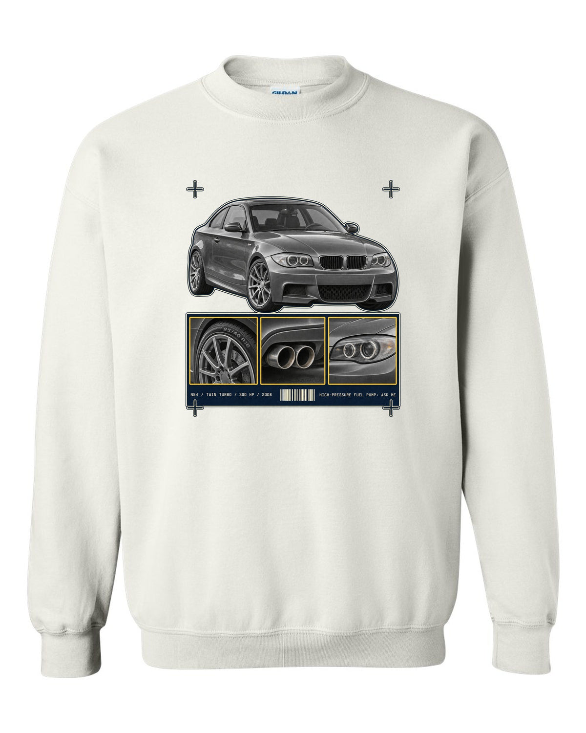 BMW 135i E82 coupe dossier panel print with N54 specs white crewneck front view with the design
