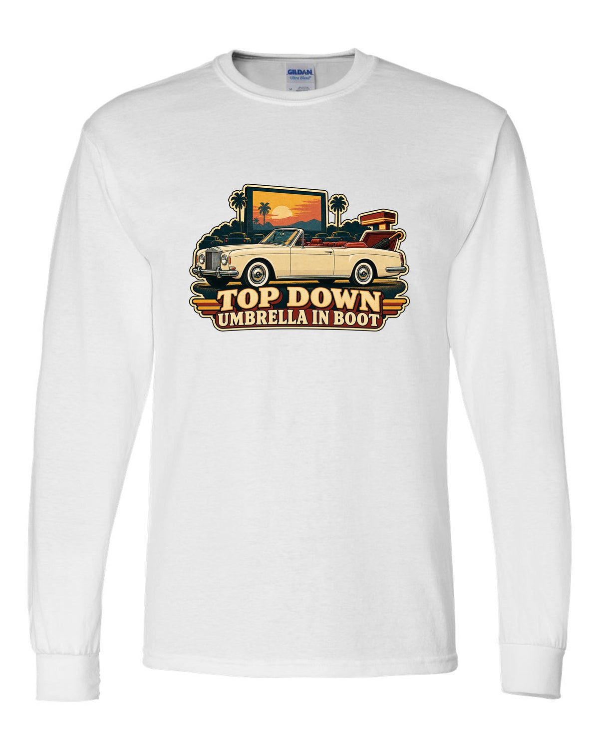 Retro Japanese showa catalogue style illustration of a 1971 Rolls-Royce Corniche convertible with TOP DOWN lettering white long sleeve front view with the design