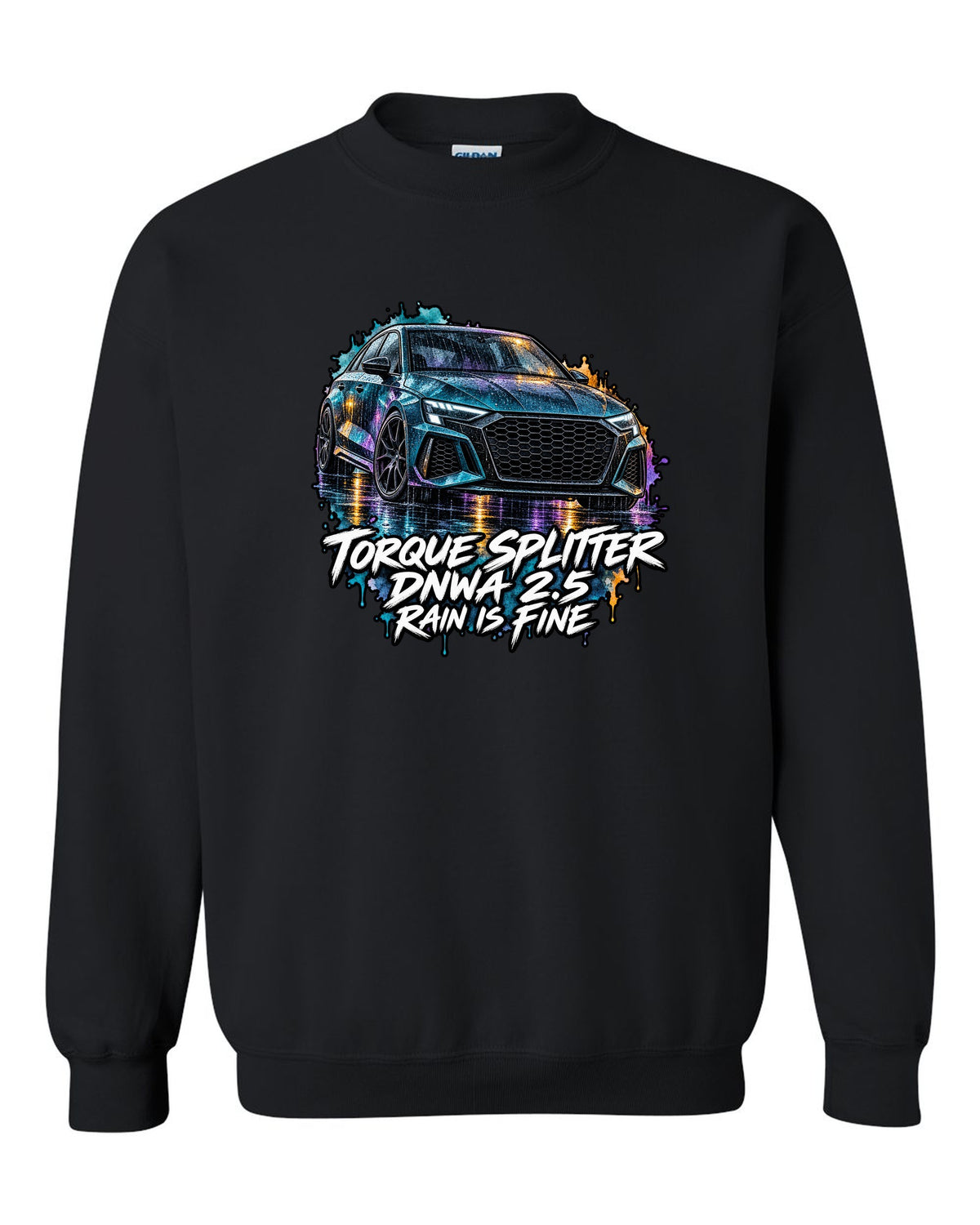 Watercolour wash print of an Audi RS3 8Y with Rain Is Fine lettering black crewneck front view with the design