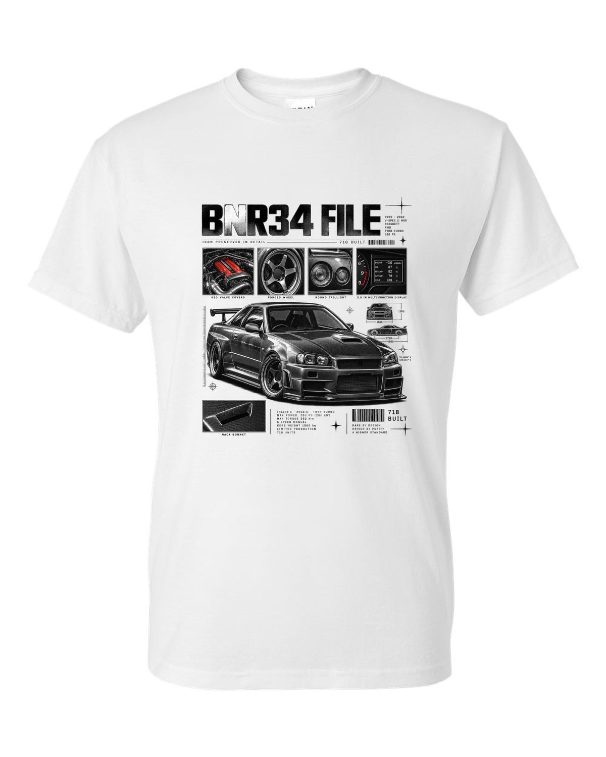 Dossier panel print of a Nissan Skyline GT-R R34 V-Spec II Nur with 718 built text white t-shirt front view with the design