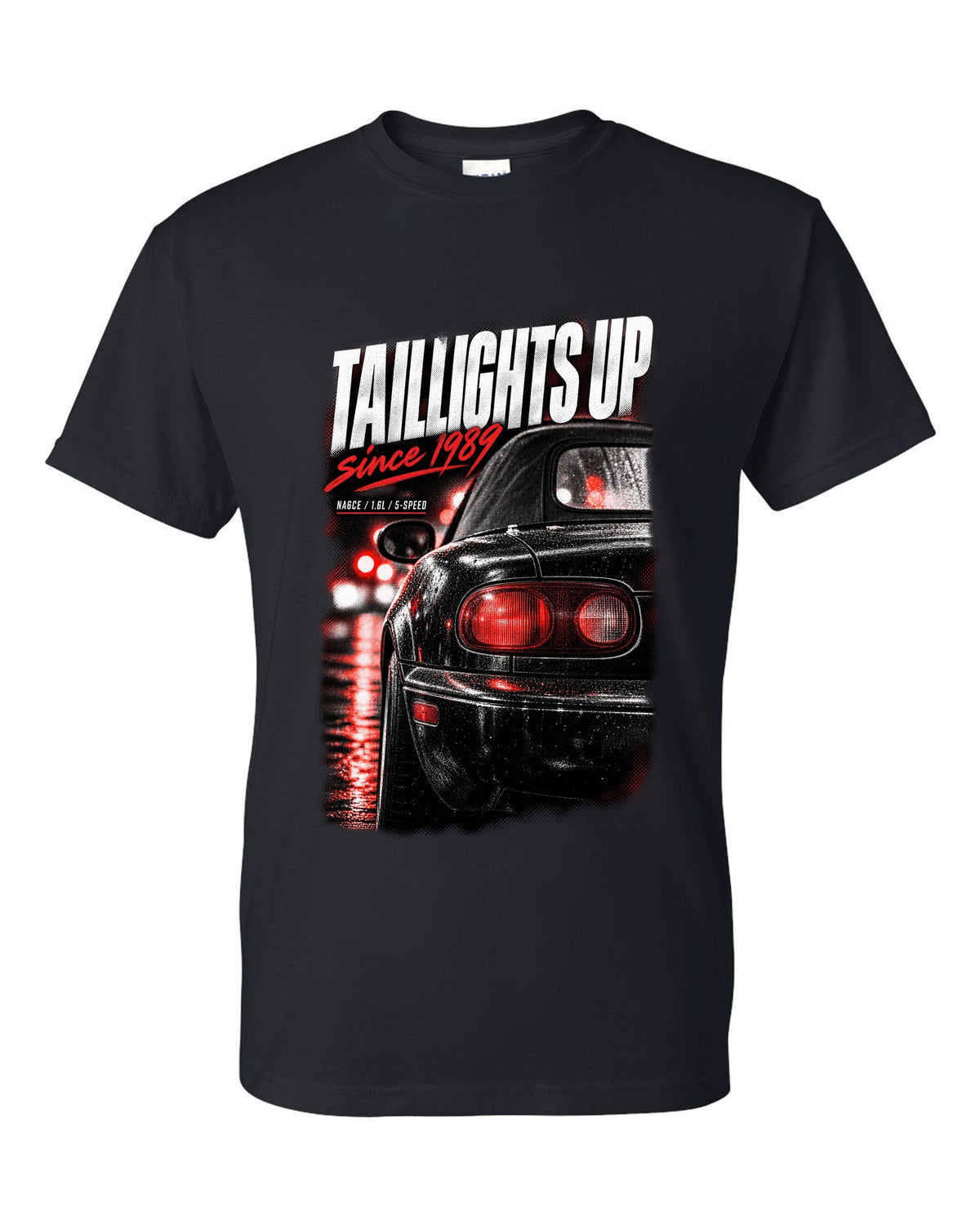 Taillight macro print for the Mazda MX-5 NA 1989-97 with NA6CE, 1.6L and 5-speed lettering black t-shirt front view with the design