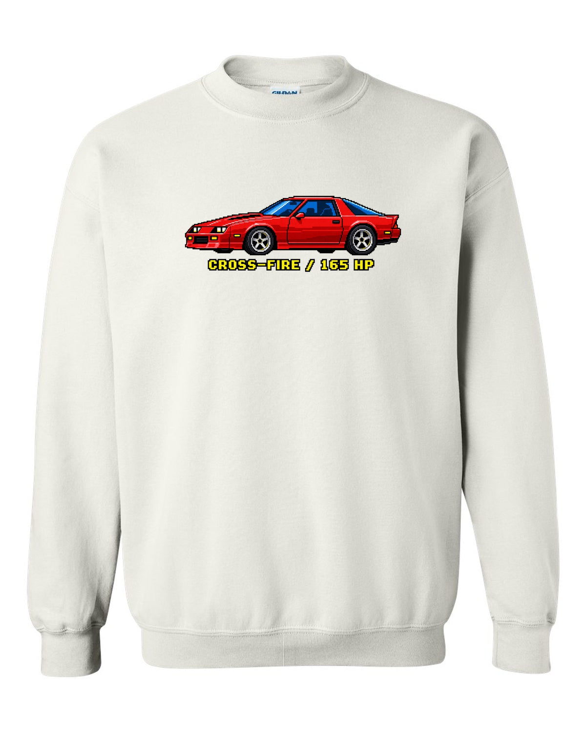 1982 Camaro Z28 third-generation chback in 16-bit pixel art with Cross-Fire 165 HP text white crewneck front view with the design