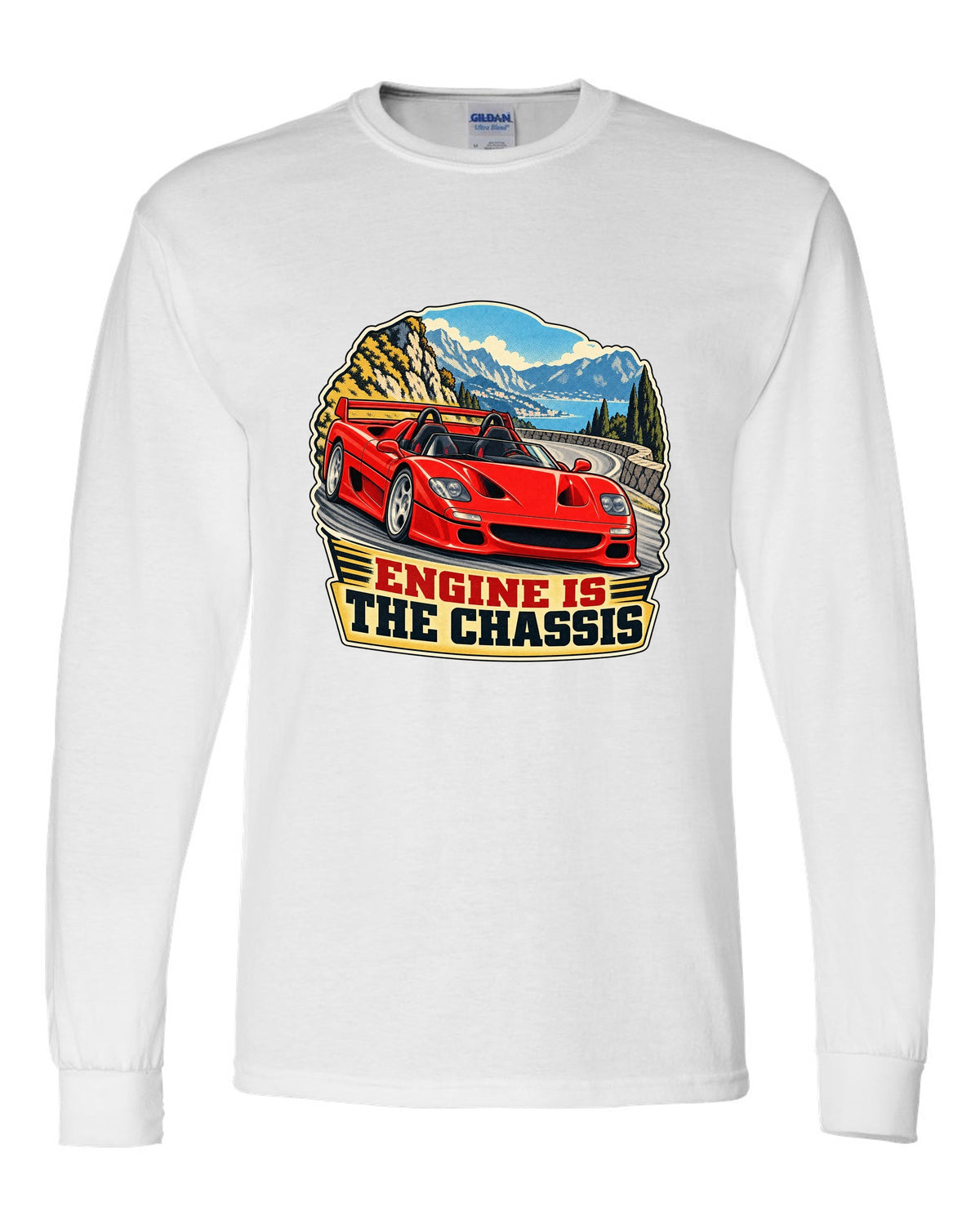 Retro race-programme print of a 1995 Ferrari F50 F130 with roof off on a mountain pass and engine is the chassis text white long sleeve front view with the design