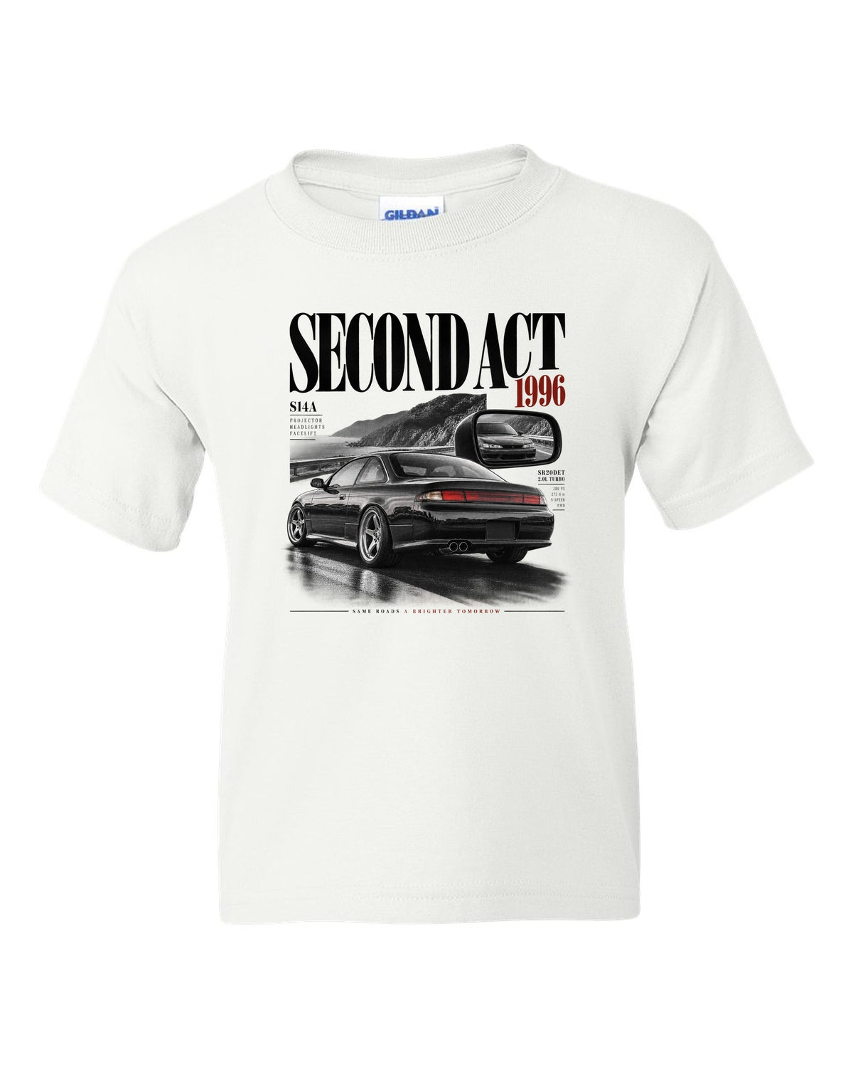 Editorial headline layout of a Nissan Silvia S14 kouki with Second Act, 1996 and projector headlights lettering white kids tee front view with the design