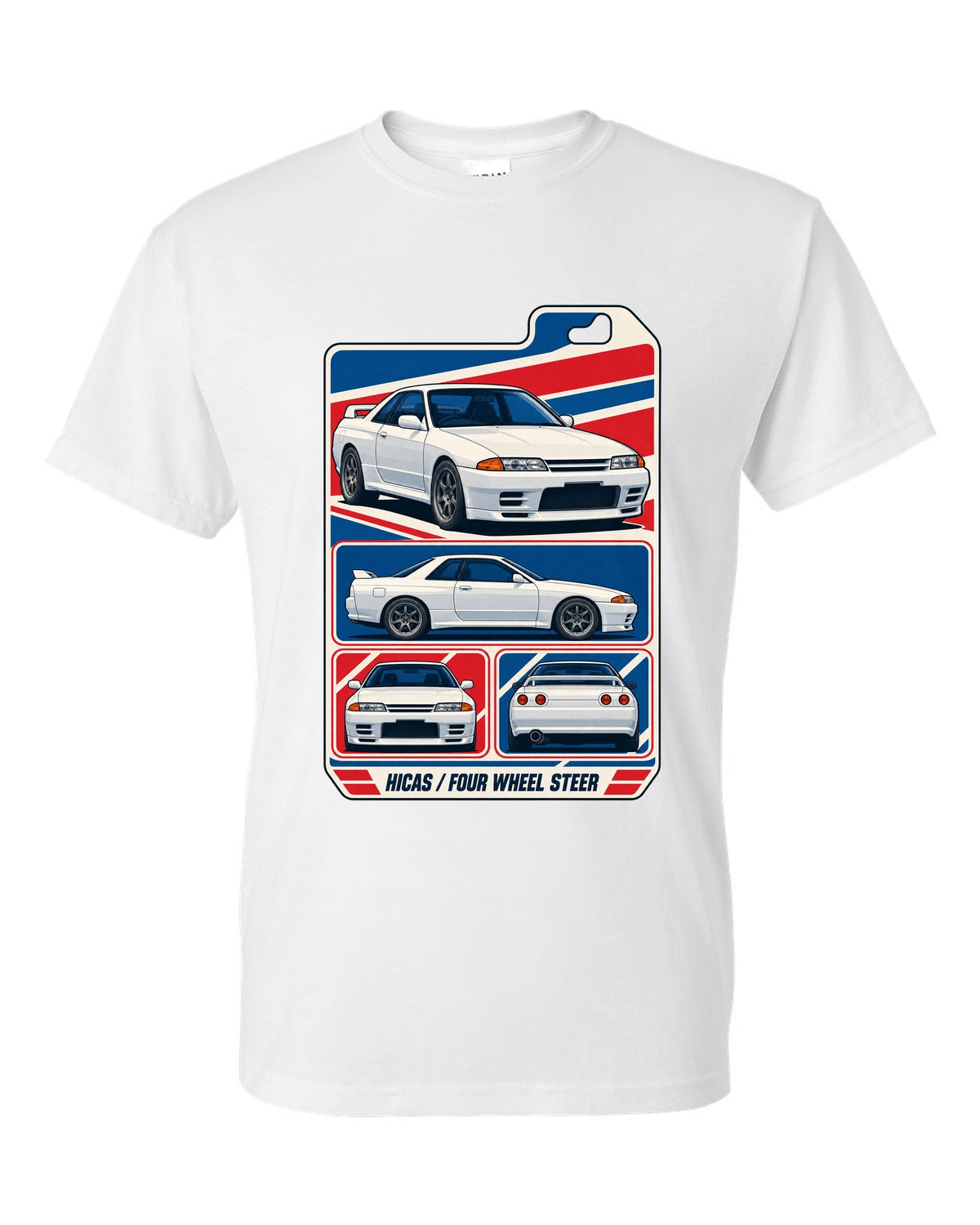 Varsity shield crest print for the Nissan Skyline GT-R R34 reading Allegedly 280 PS, Sure white t-shirt front view with the design