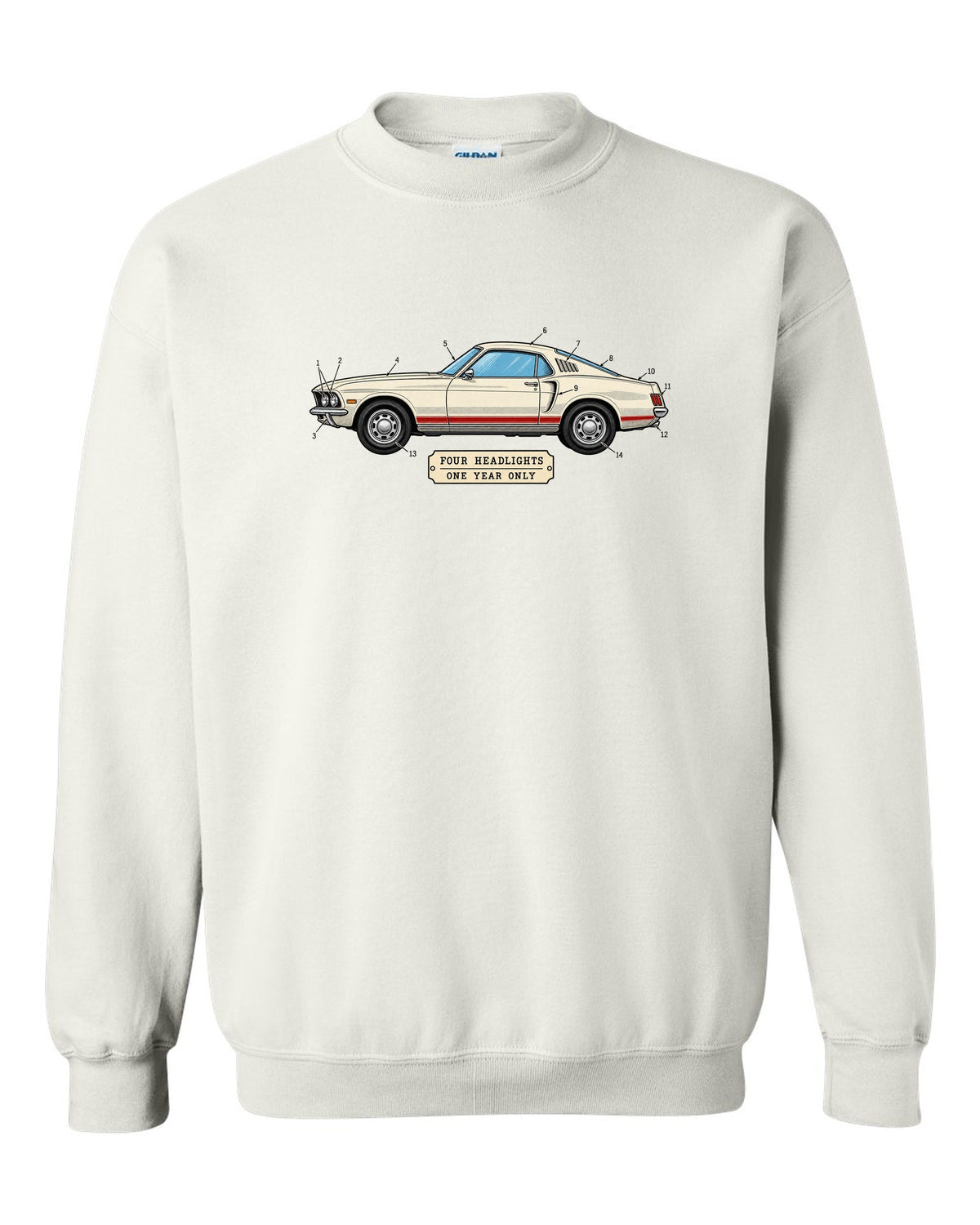 1969 Ford Mustang Fastback Patent Sheet Profile white crewneck front view with the design