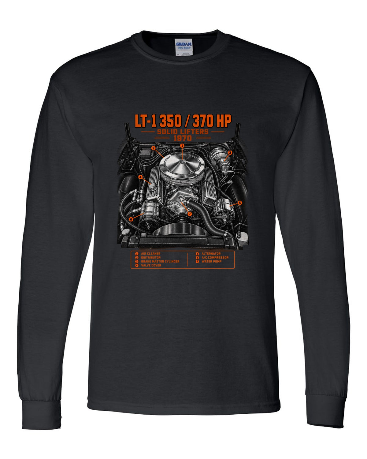 Chevrolet Corvette C3 Stingray 1970 LT-1 350 engine print black long sleeve front view with the design