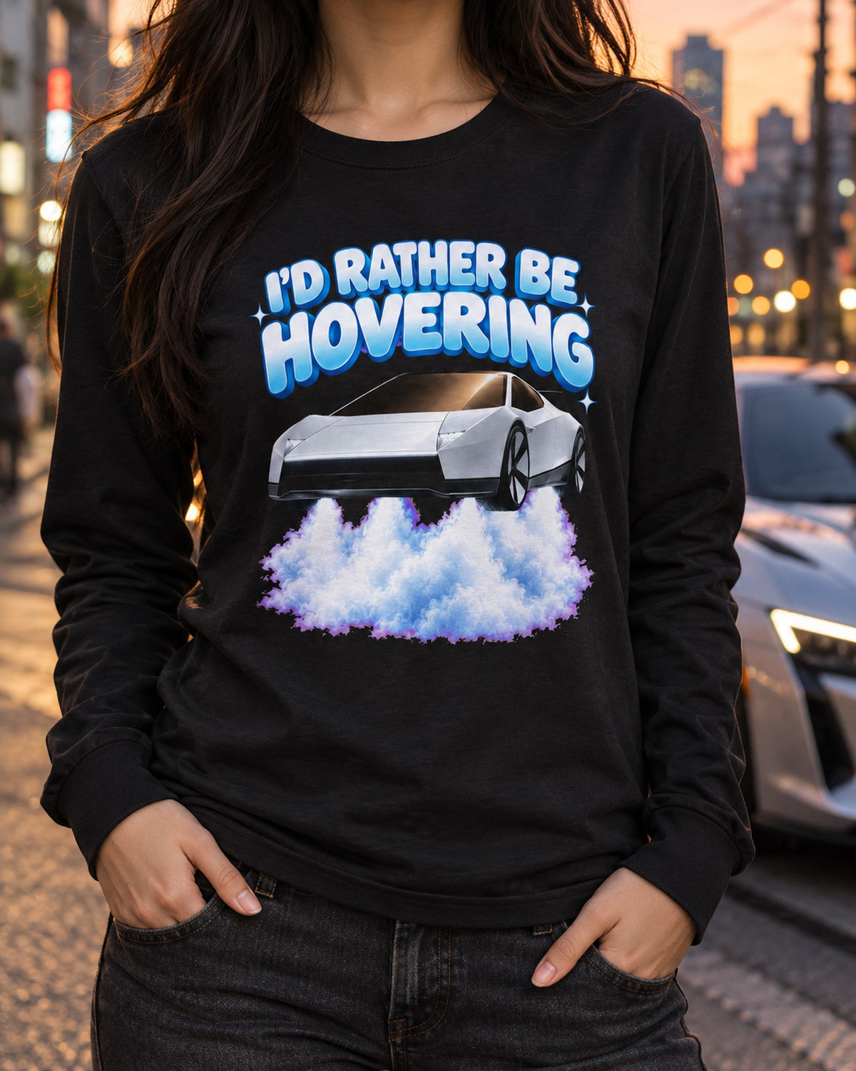 I'd Rather Be Hovering Tesla Roadster Shirt, Hoodie & More Long Sleeve Black worn hero