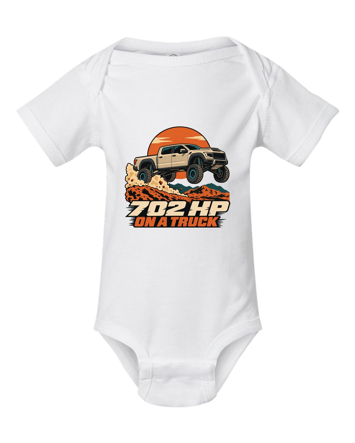 Vector poster print of a Ram 1500 TRX jumping a dune with the text 702 HP white baby onesie front view with the design