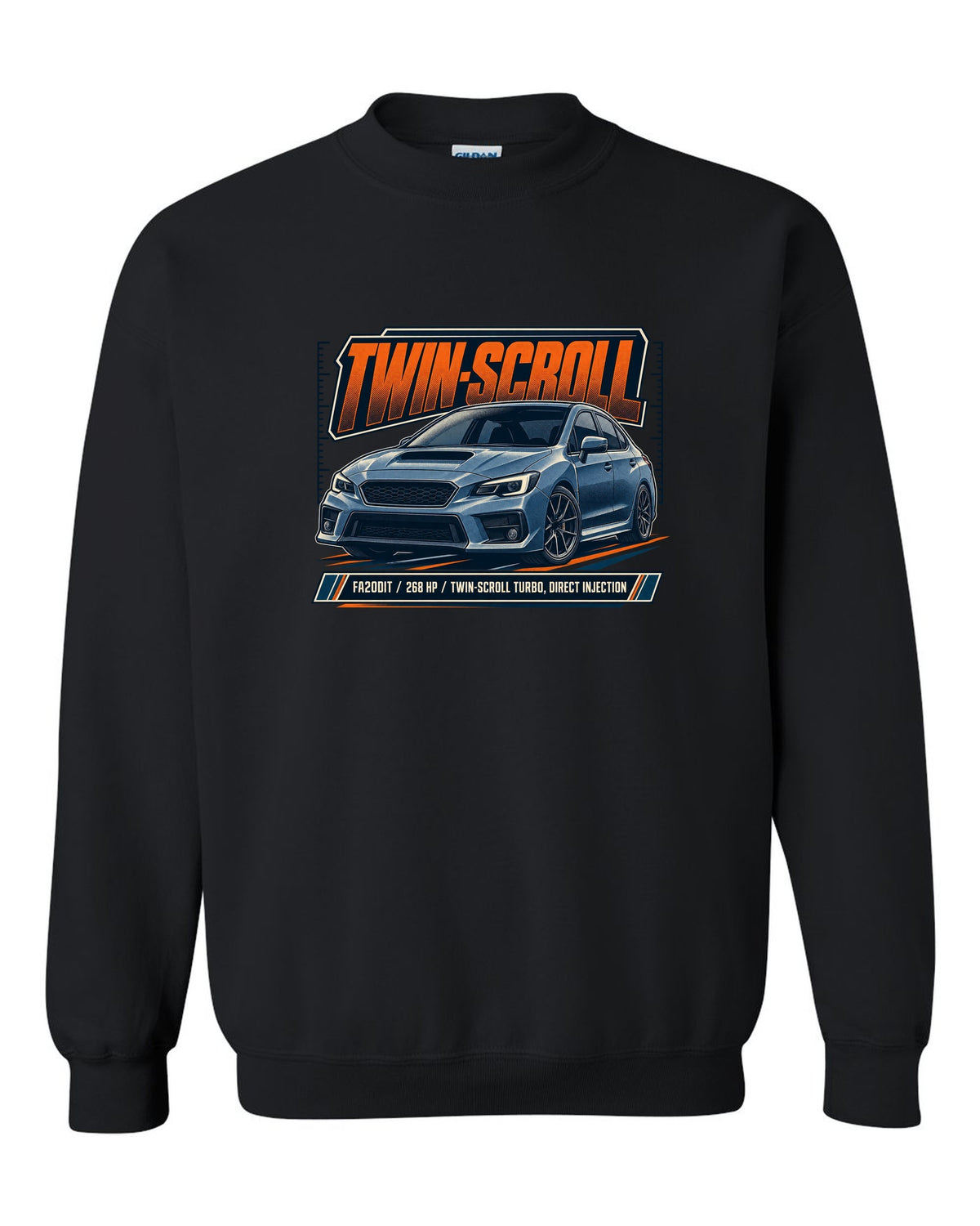 Subaru WRX VA sedan front three-quarter halftone design black crewneck front view with the design