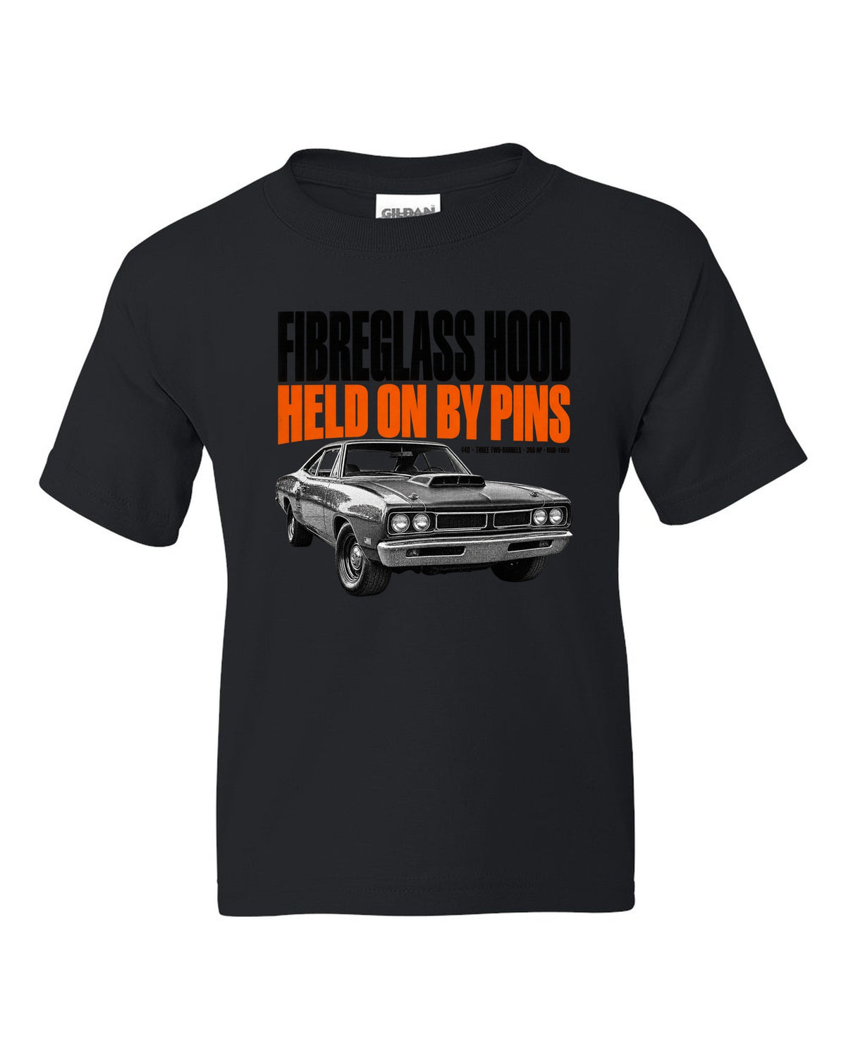 1969 Dodge Coronet Super Bee A12 hood halftone print with fibreglass hood and pins lettering black kids tee front view with the design