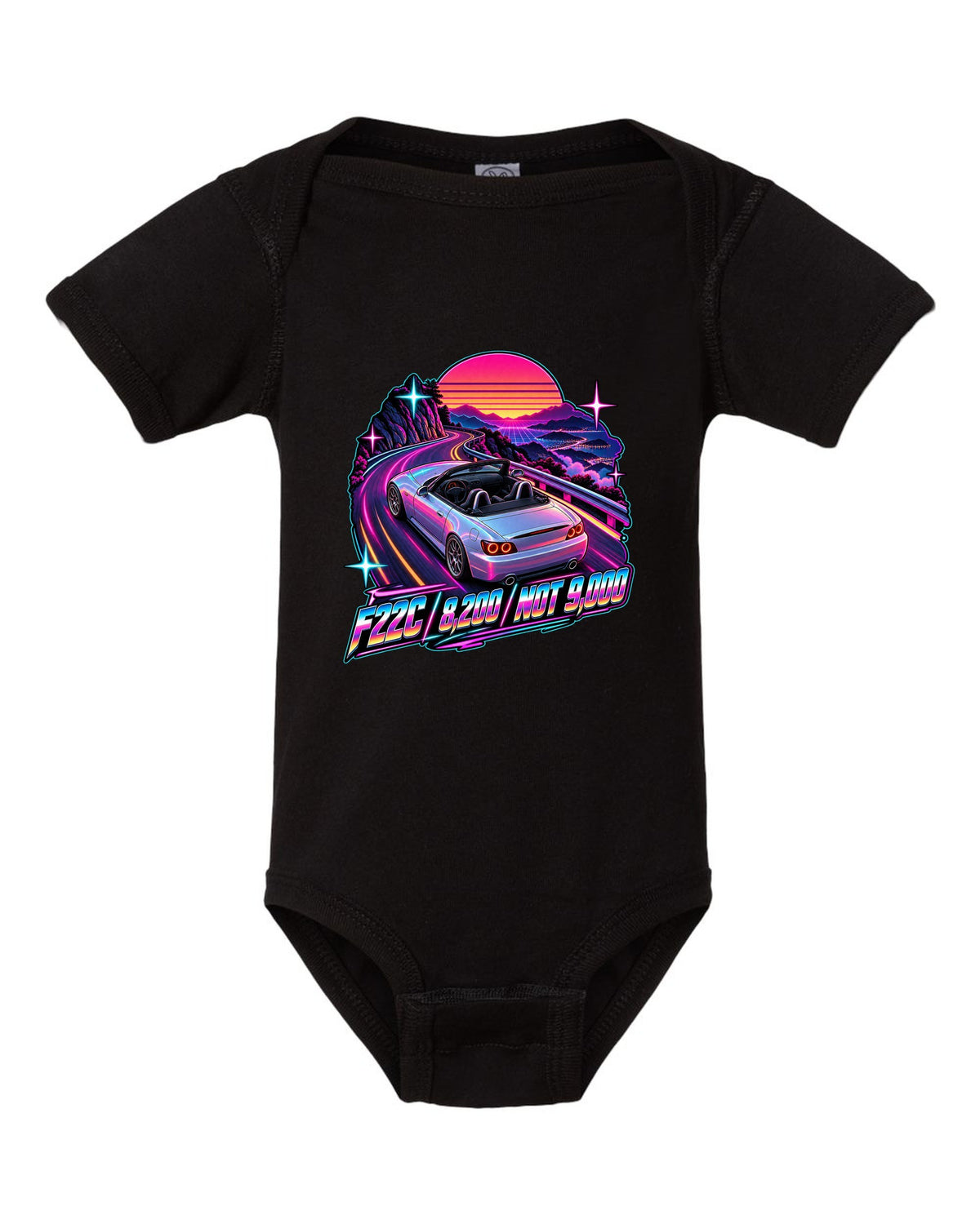 Neon synthwave print of a 2004 Honda S2000 AP2 roadster with F22C 8,200 Not 9,000 lettering black baby onesie front view with the design