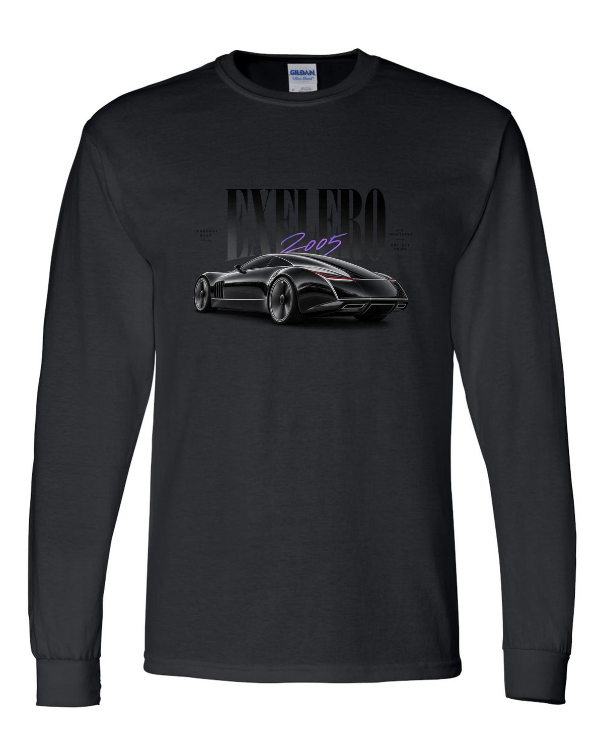 Editorial print of the Maybach Exelero one-off with Exelero 2005 Teardrop Roof lettering black long sleeve front view with the design