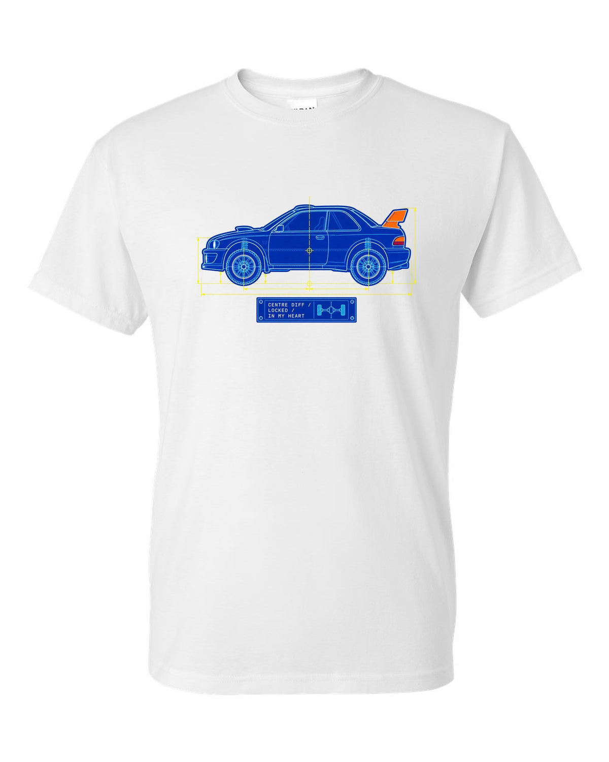 Blueprint line art of a Toyota Celica GT-Four ST185 with centre diff lettering white t-shirt front view with the design