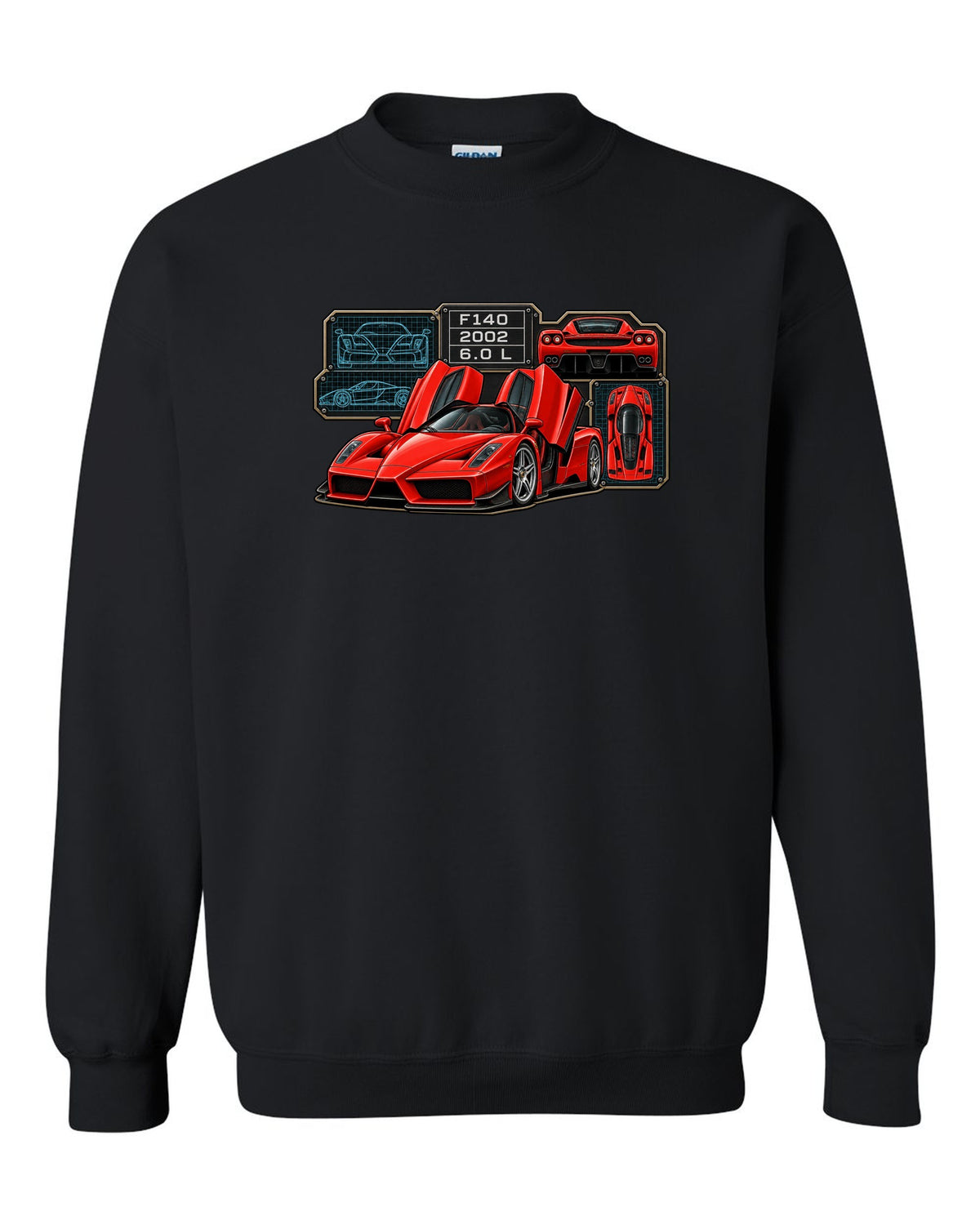 Spec-sheet data plate print of the Ferrari Enzo F140 with the text F140, 2002, 6.0 L black crewneck front view with the design