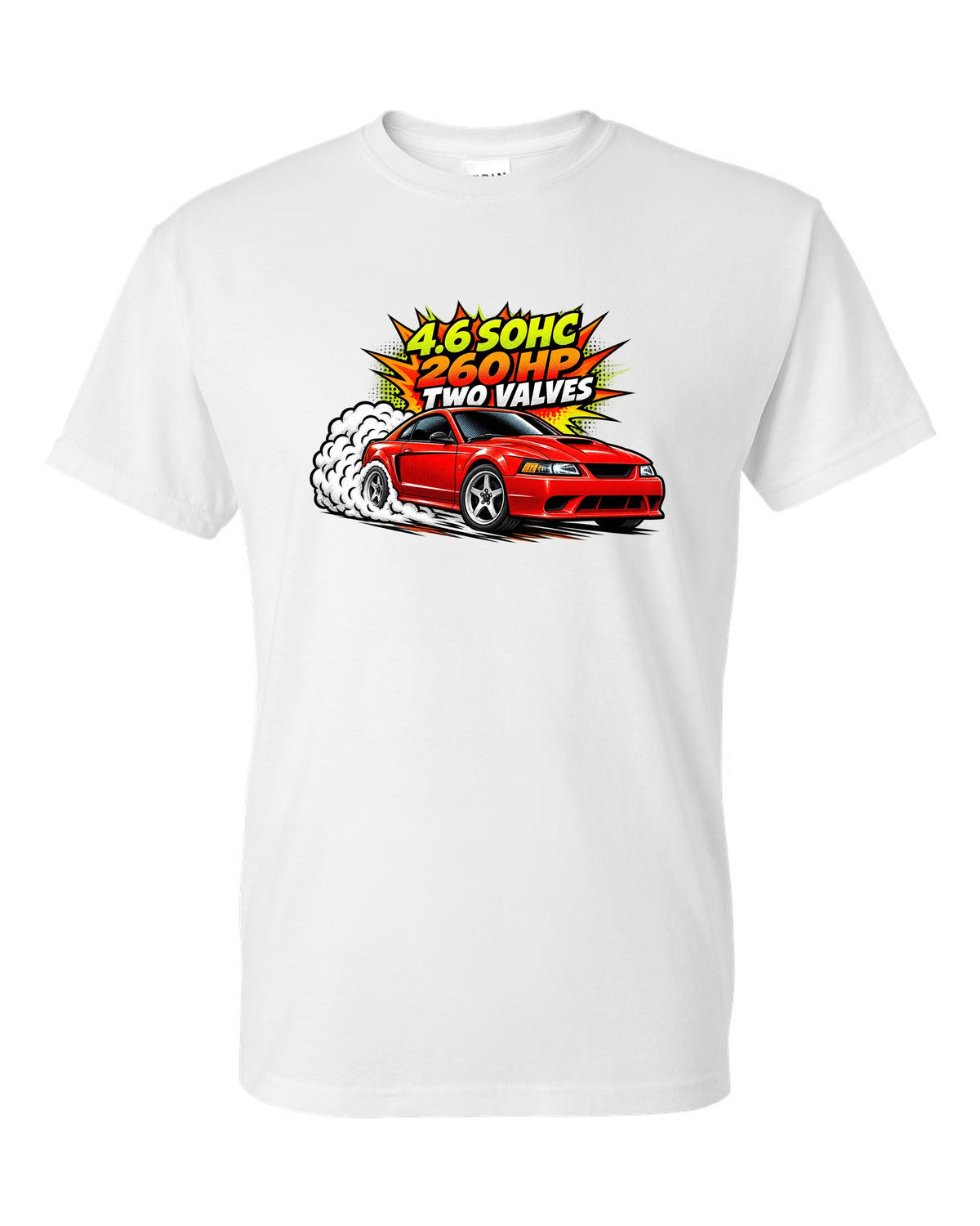 Comic halftone pop-art print of a 1999-2004 Ford Mustang SN95 New Edge burnout white t-shirt front view with the design