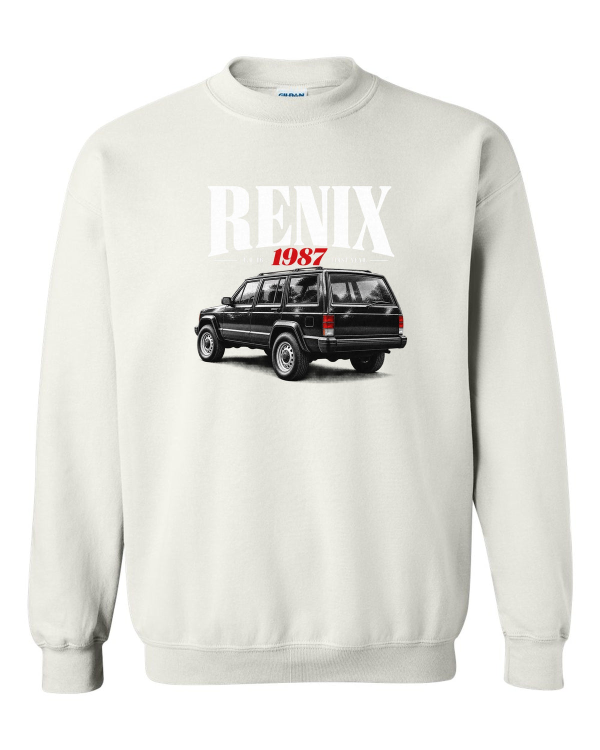Jeep Cherokee XJ editorial headline print about the 1987 Renix 4.0 I6 white crewneck front view with the design