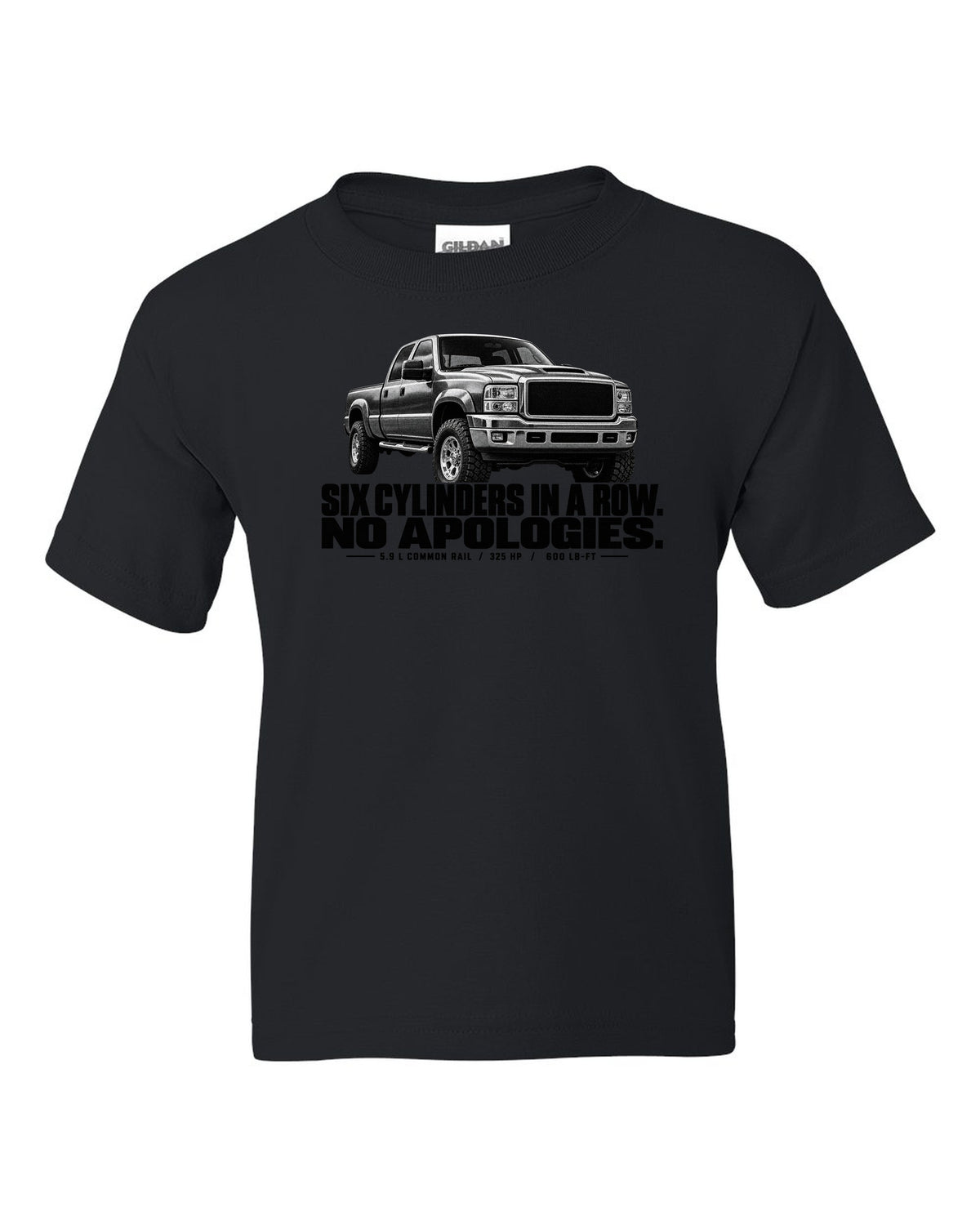Halftone print of a 2003-09 Dodge Ram 2500 3rd gen in a front three-quarter view black kids tee front view with the design
