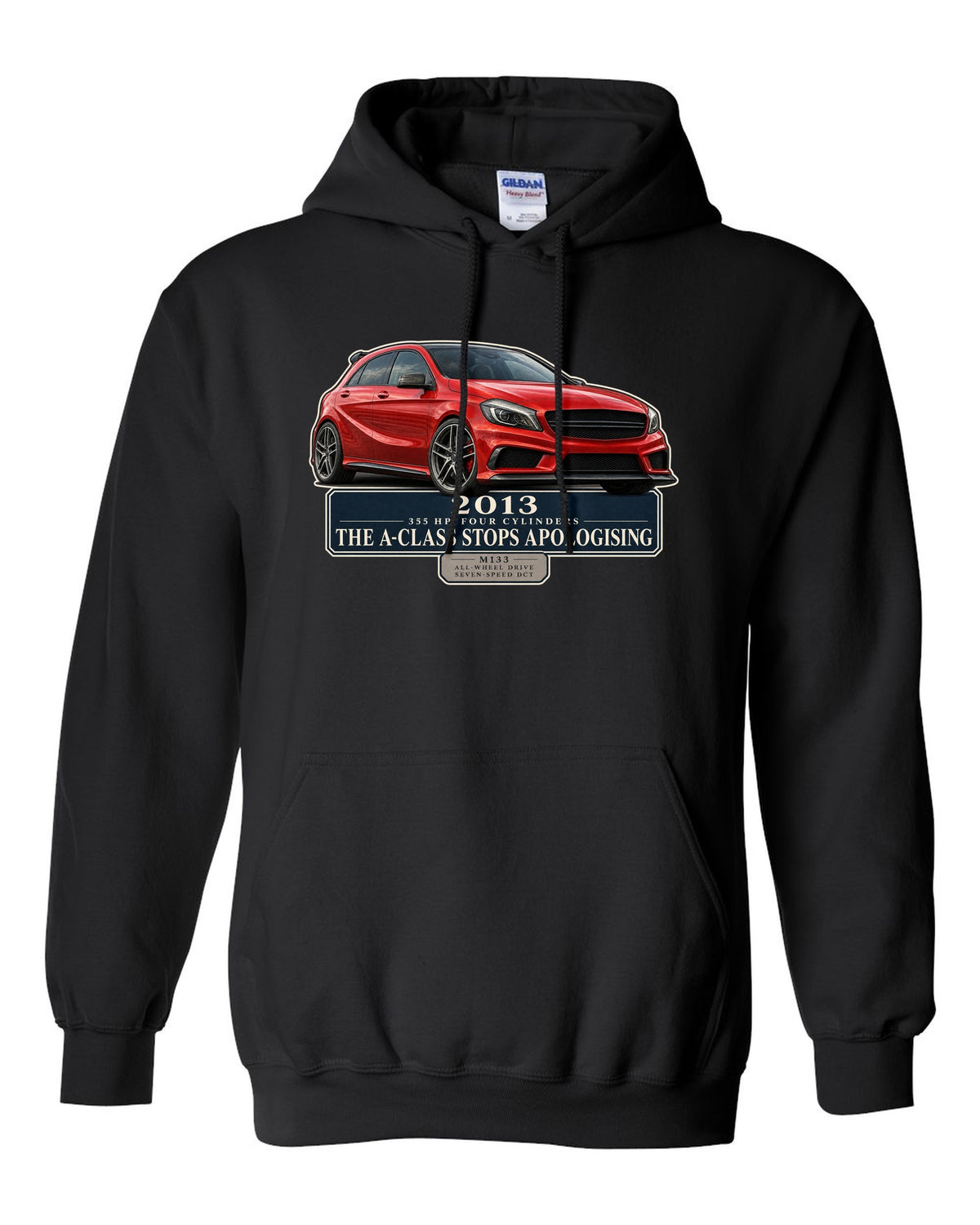 Mercedes-AMG A45 W176 chback editorial headline print black pull over hoodie front view with the design